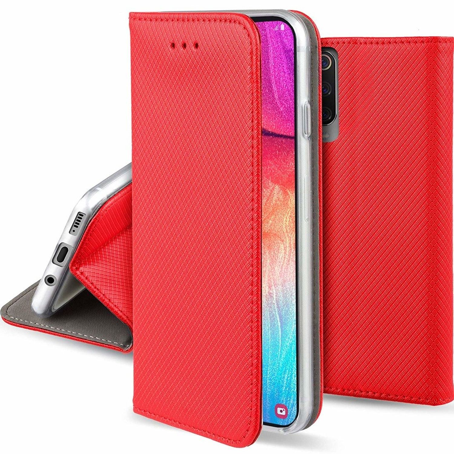 Custodia rossa per telefono con telefono all'interno, che mostra schermo rosa e viola.