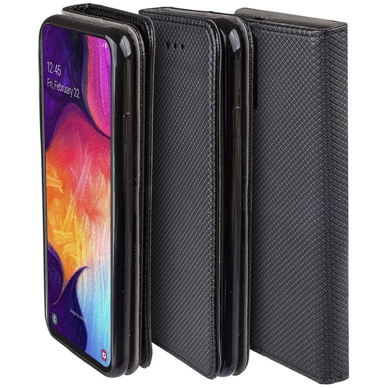 Custodia nera per telefono, che mostra un telefono con schermo colorato e design aperto.