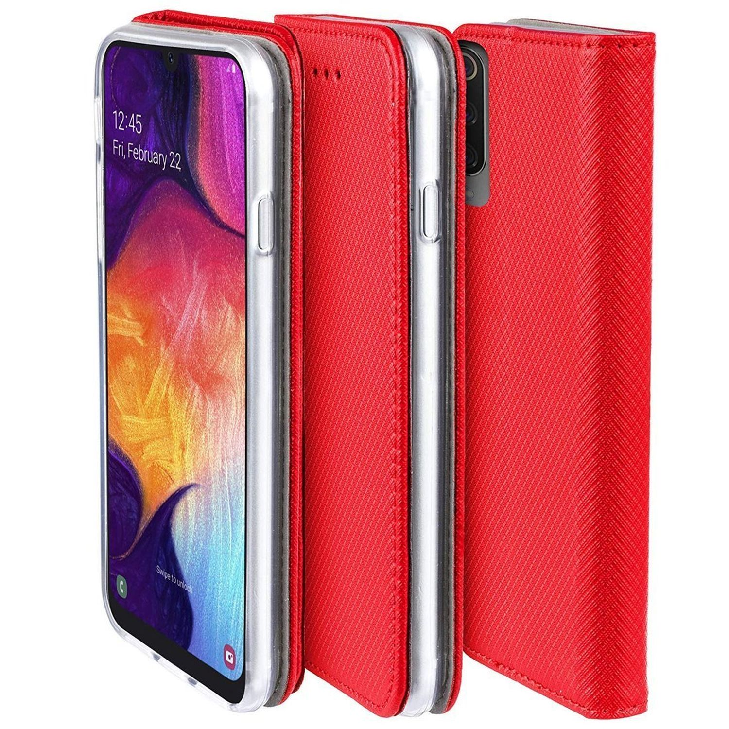 Custodia per telefono rossa, aperta, che mostra un telefono con schermo colorato e fessura per carte.