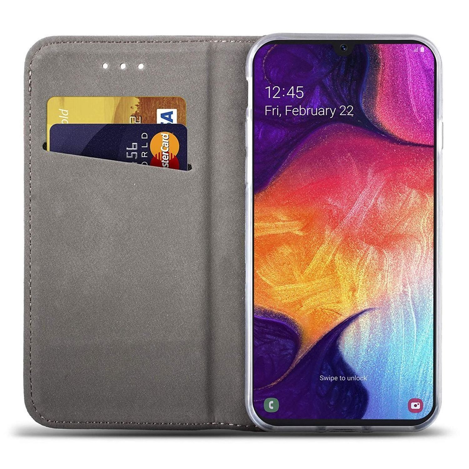 Telefono in una custodia grigia a portafoglio, con carte di credito visibili. Il telefono mostra uno schermo colorato.
