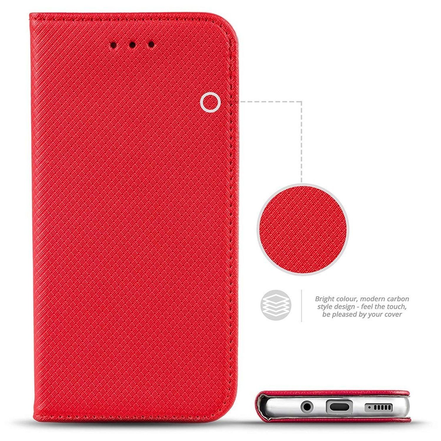 Custodia rossa per telefono, chiusa, con fronte strutturata e dettaglio circolare.