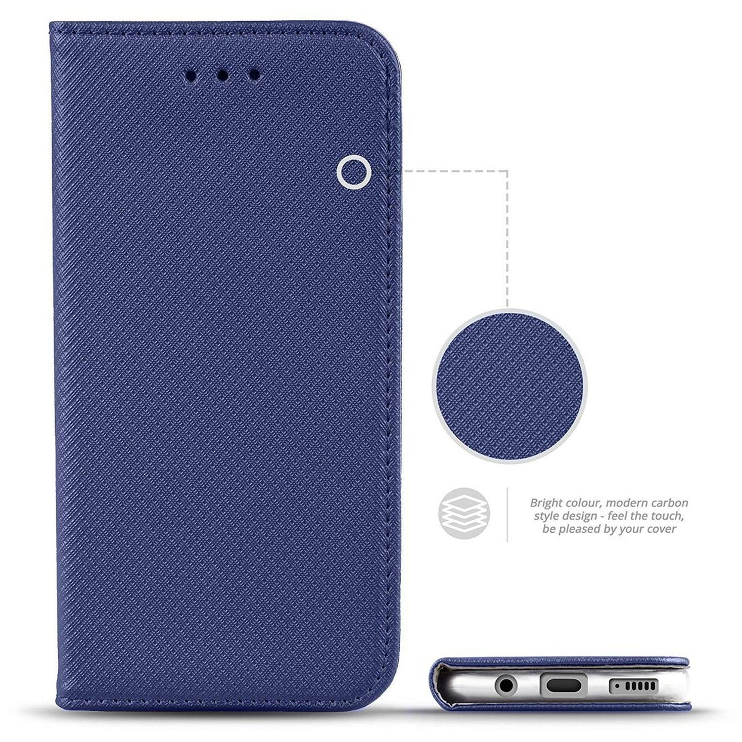 Una custodia blu per telefono con design in fibra di carbonio.
