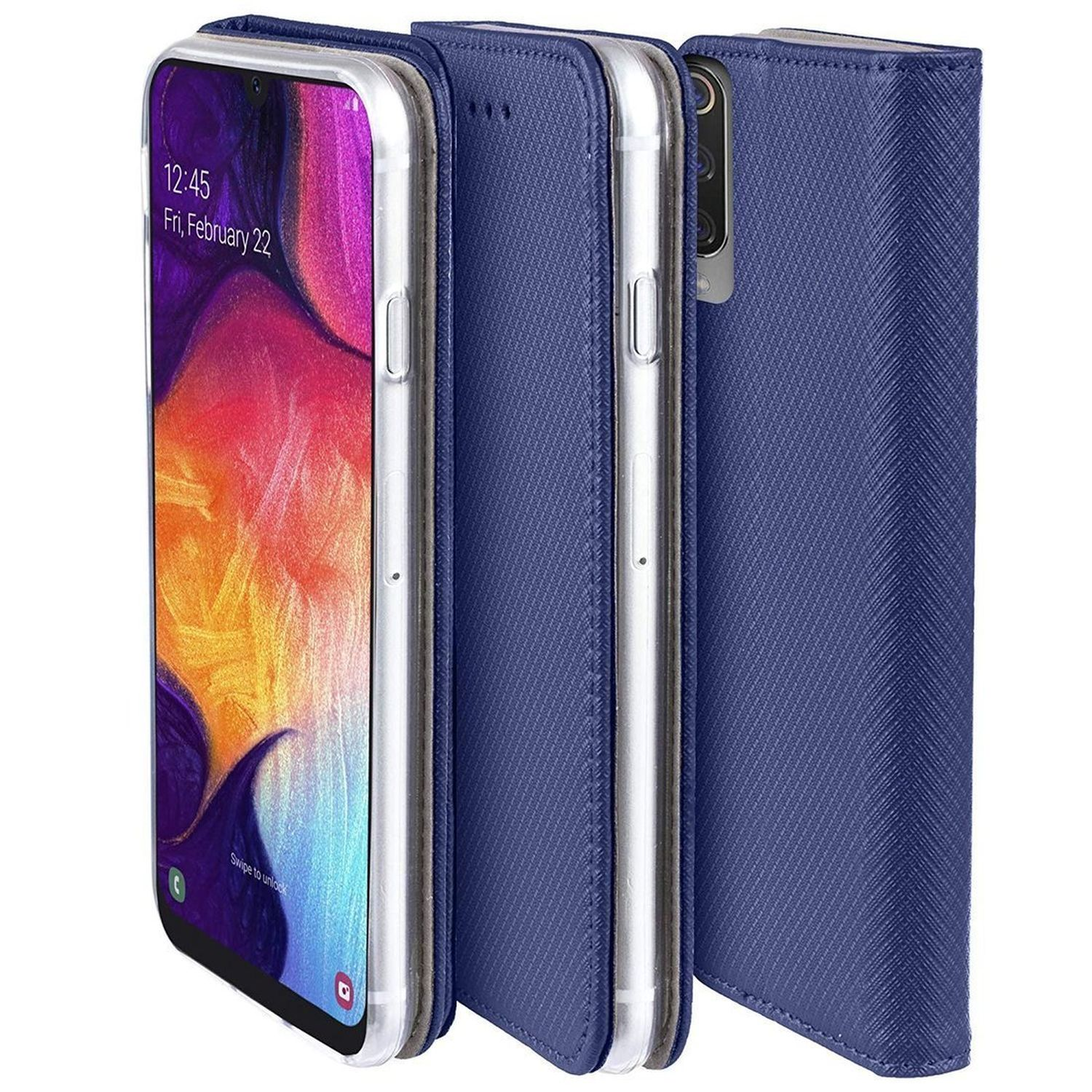 Custodia blu per telefono con telefono all'interno. La custodia è aperta, mostrando lo schermo del telefono.