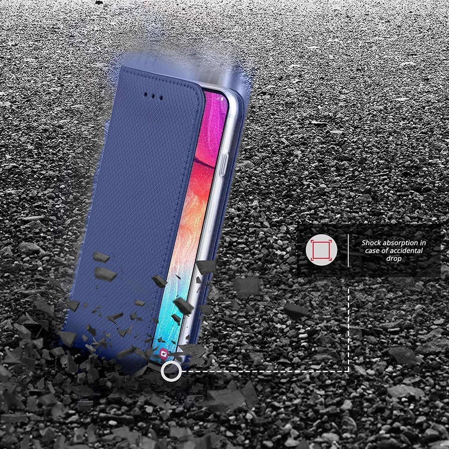 Una custodia blu per telefono su una superficie con piccole pietre. La custodia è aperta.