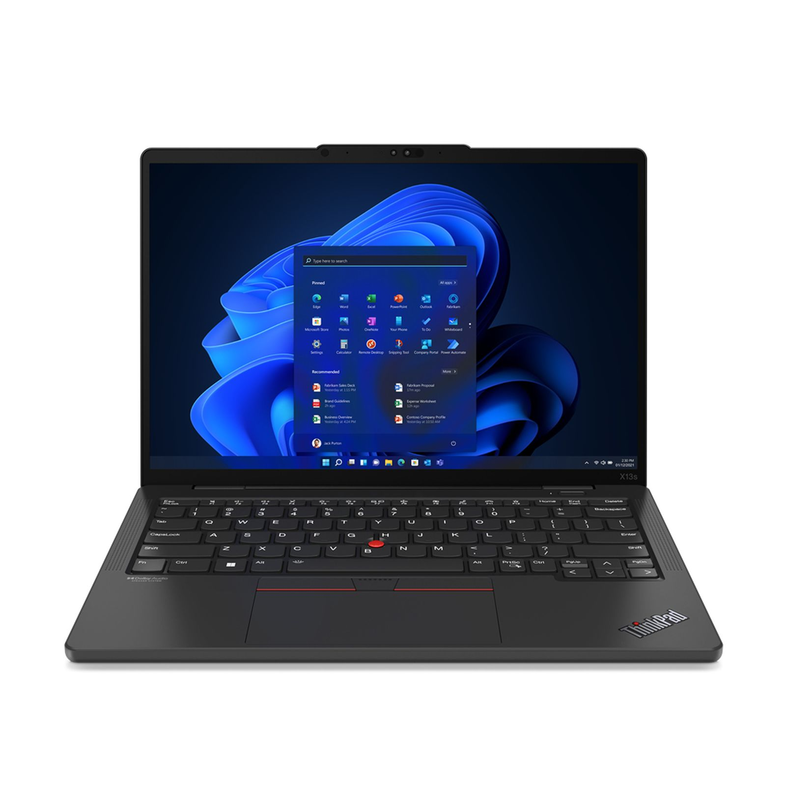 Laptop auf weißer Oberfläche. Es ist offen, schwarze Farbe. Der Bildschirm zeigt eine Windows-Oberfläche.