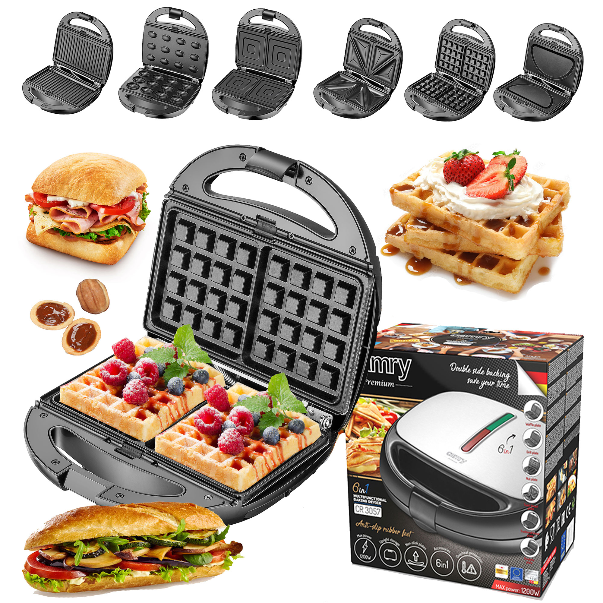 Una gofrera Camry multifuncional con varias opciones de gofres y sándwiches en exhibición.