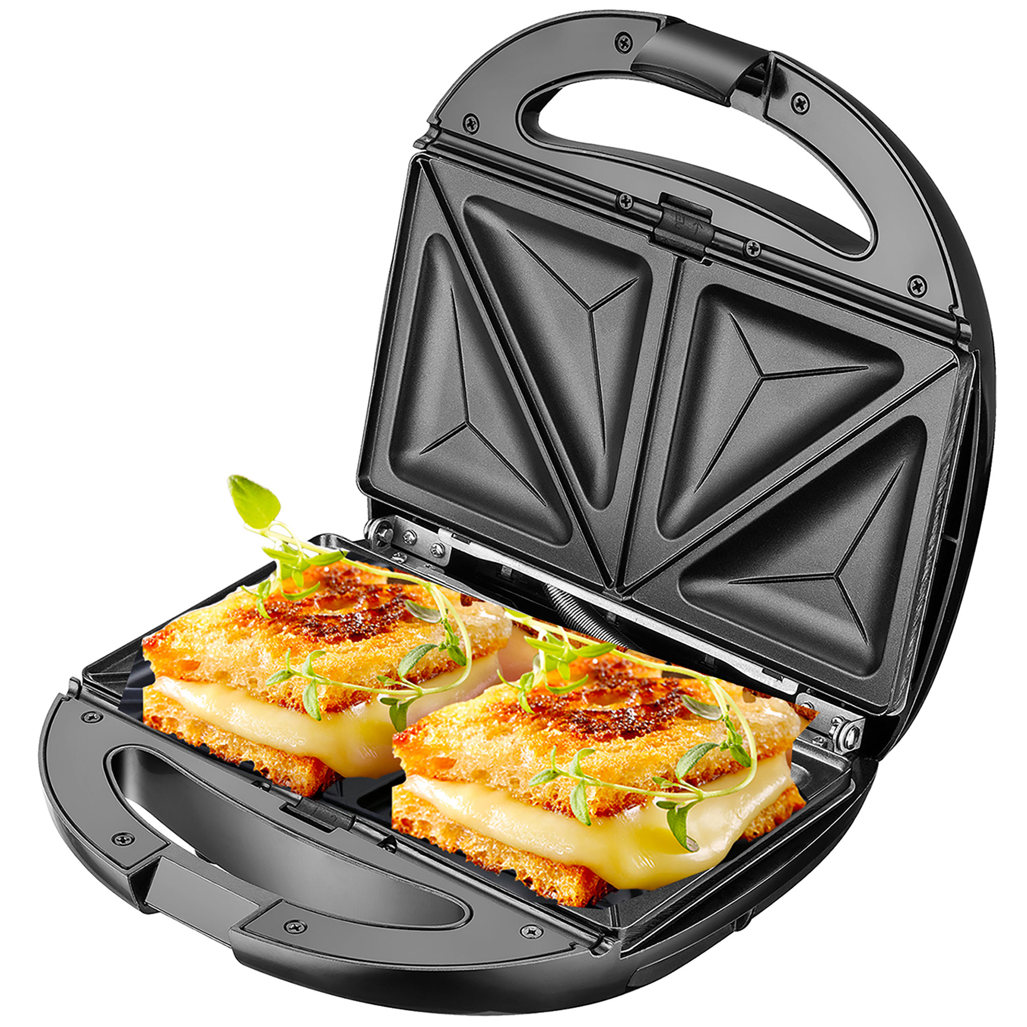 Tostadora con dos sándwiches tostados, queso saliendo.
