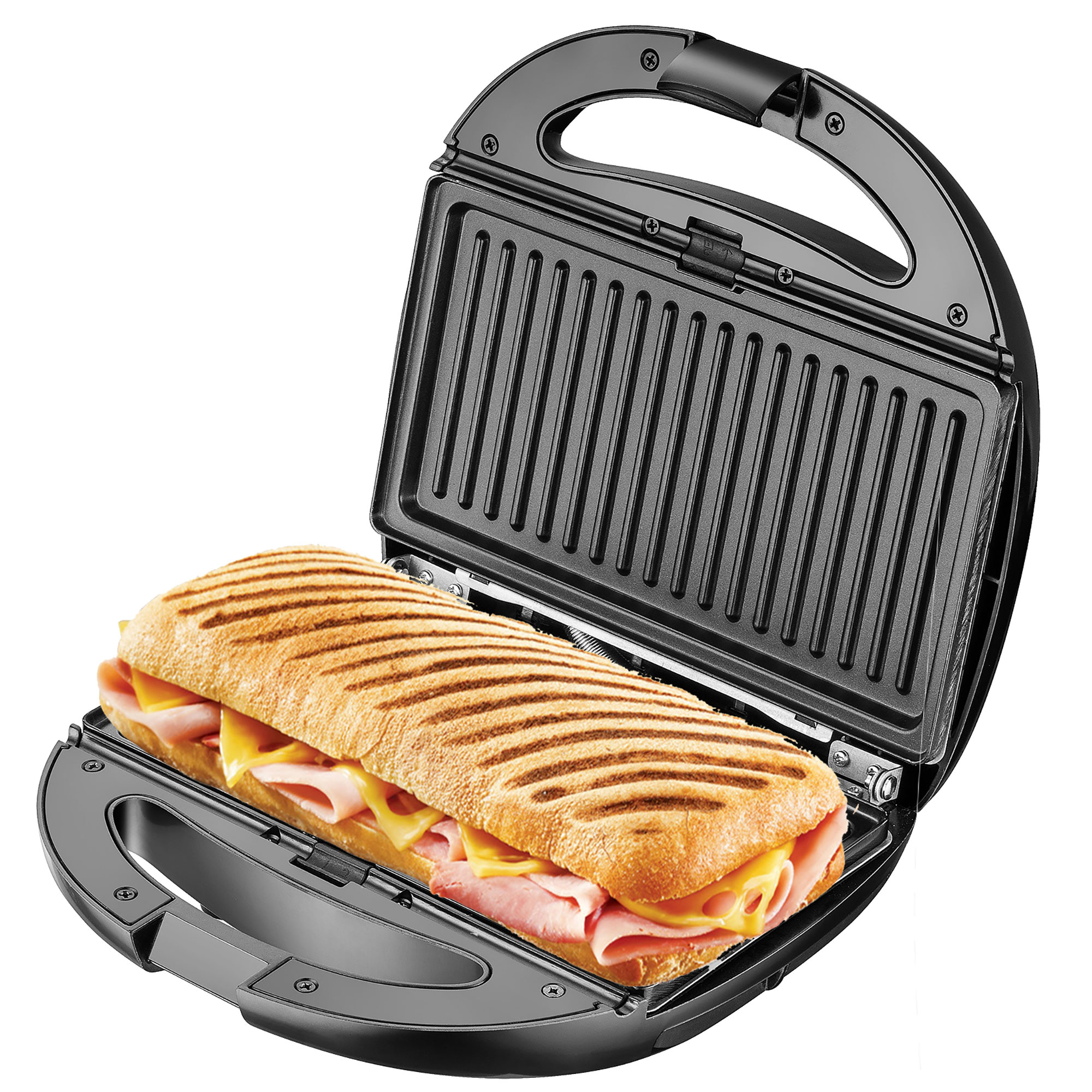 Sandwichera abierta con sándwich dentro. Sándwich tiene jamón y queso. Prensa negra.