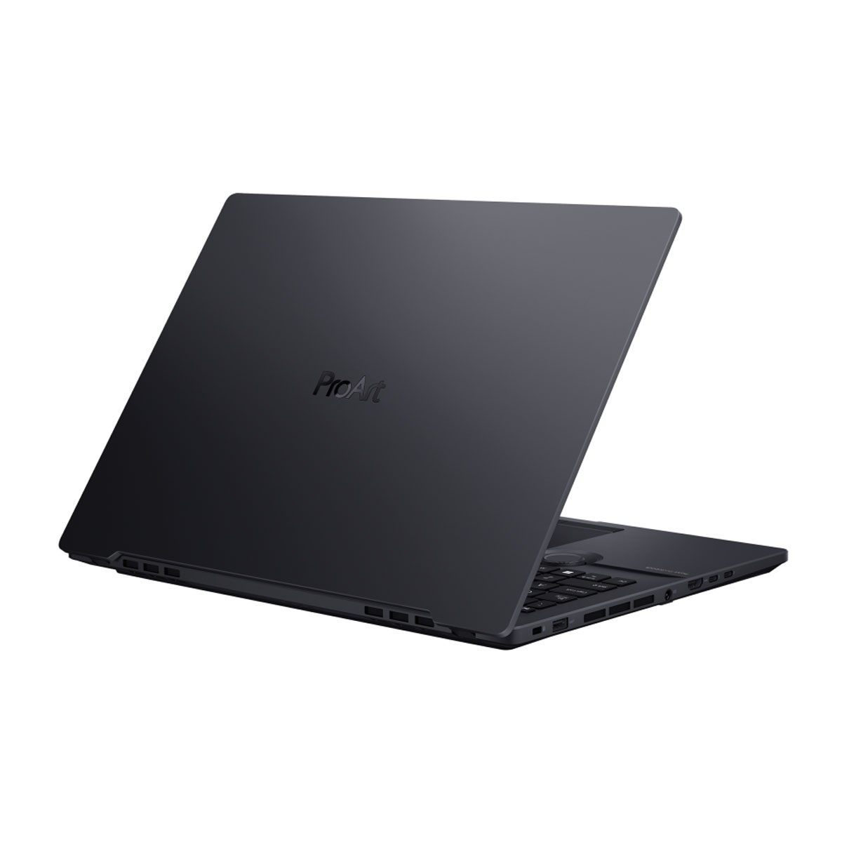 Laptop negro, cerrado, con el logo ProArt, sobre fondo blanco.