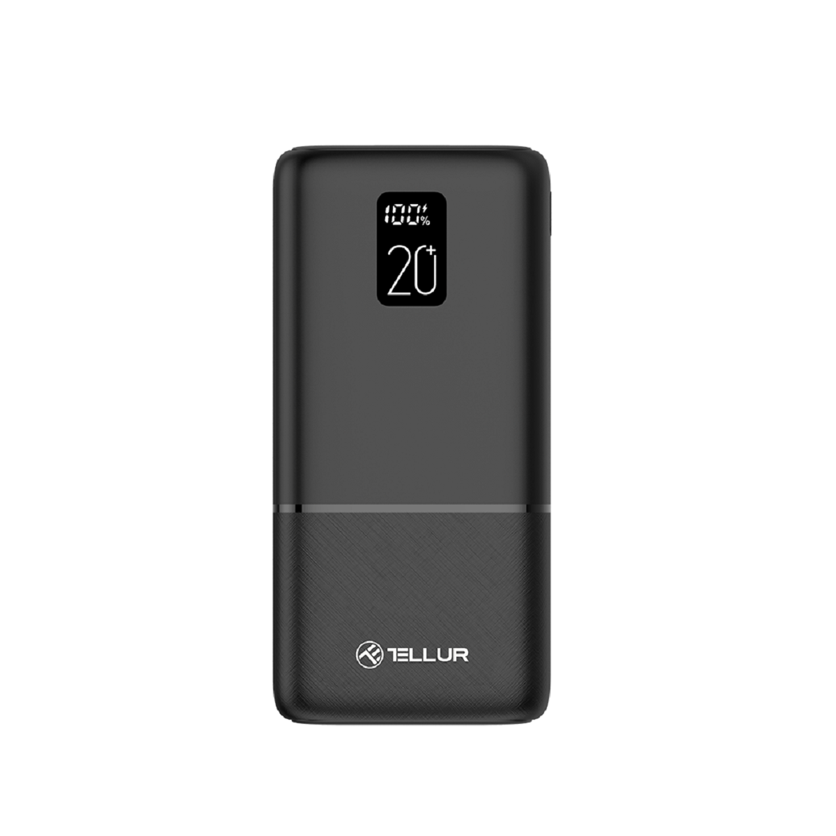 Schwarze Powerbank. Zeigt 100% und 20. Schwarzes und strukturiertes Design mit Tellur-Logo.