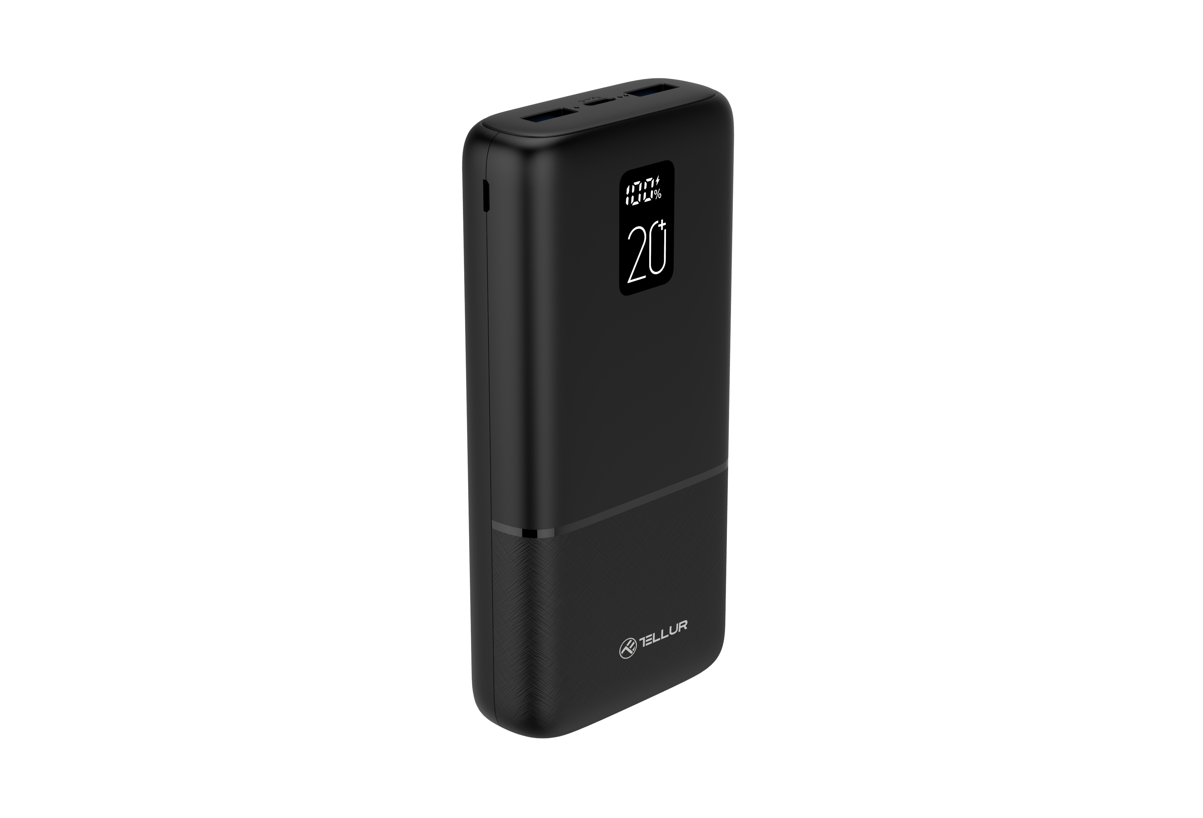 Eine schwarze Powerbank, die 20 % Ladung anzeigt. Sie hat drei Anschlüsse und ein Logo.