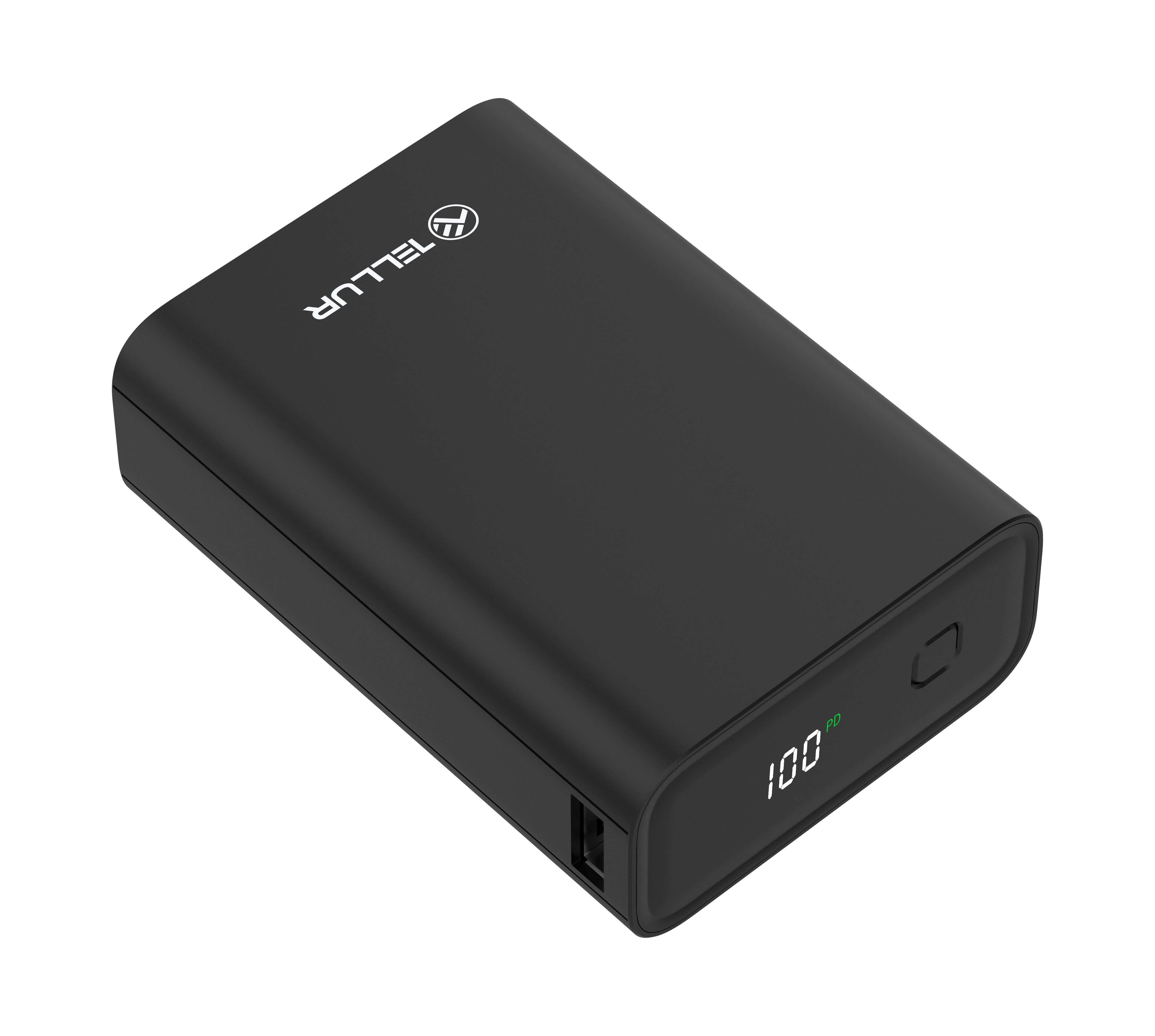 Czarny power bank z cyfrowym wyświetlaczem pokazującym 100%. Z logo Tellur na górze.