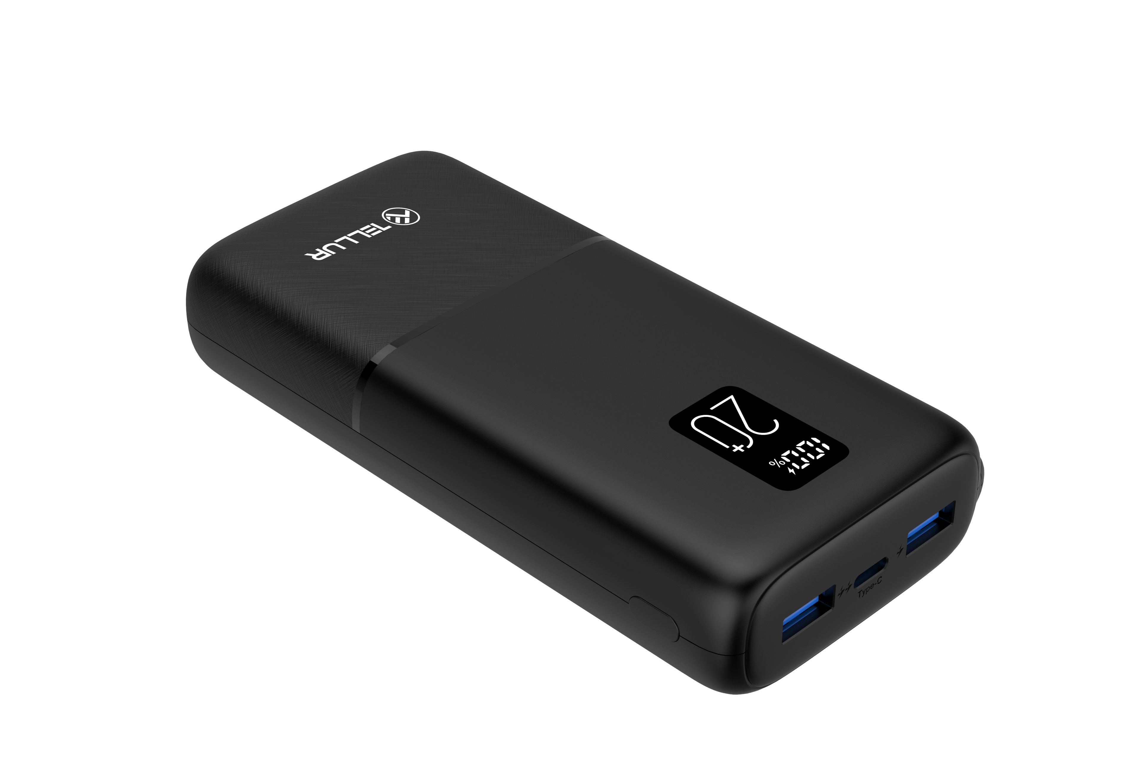 Schwarze Powerbank mit Digitalanzeige, die 20% Ladung anzeigt, schwarzer Hintergrund.