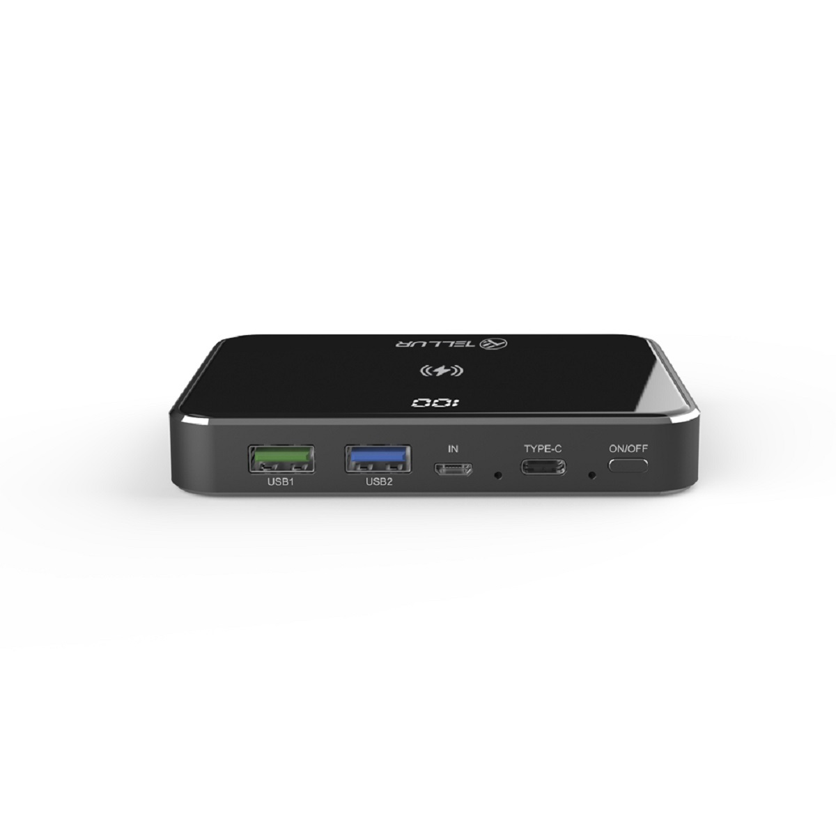 Czarny power bank z portami USB, portem typu C i przyciskiem włącz/wyłącz, białe tło.