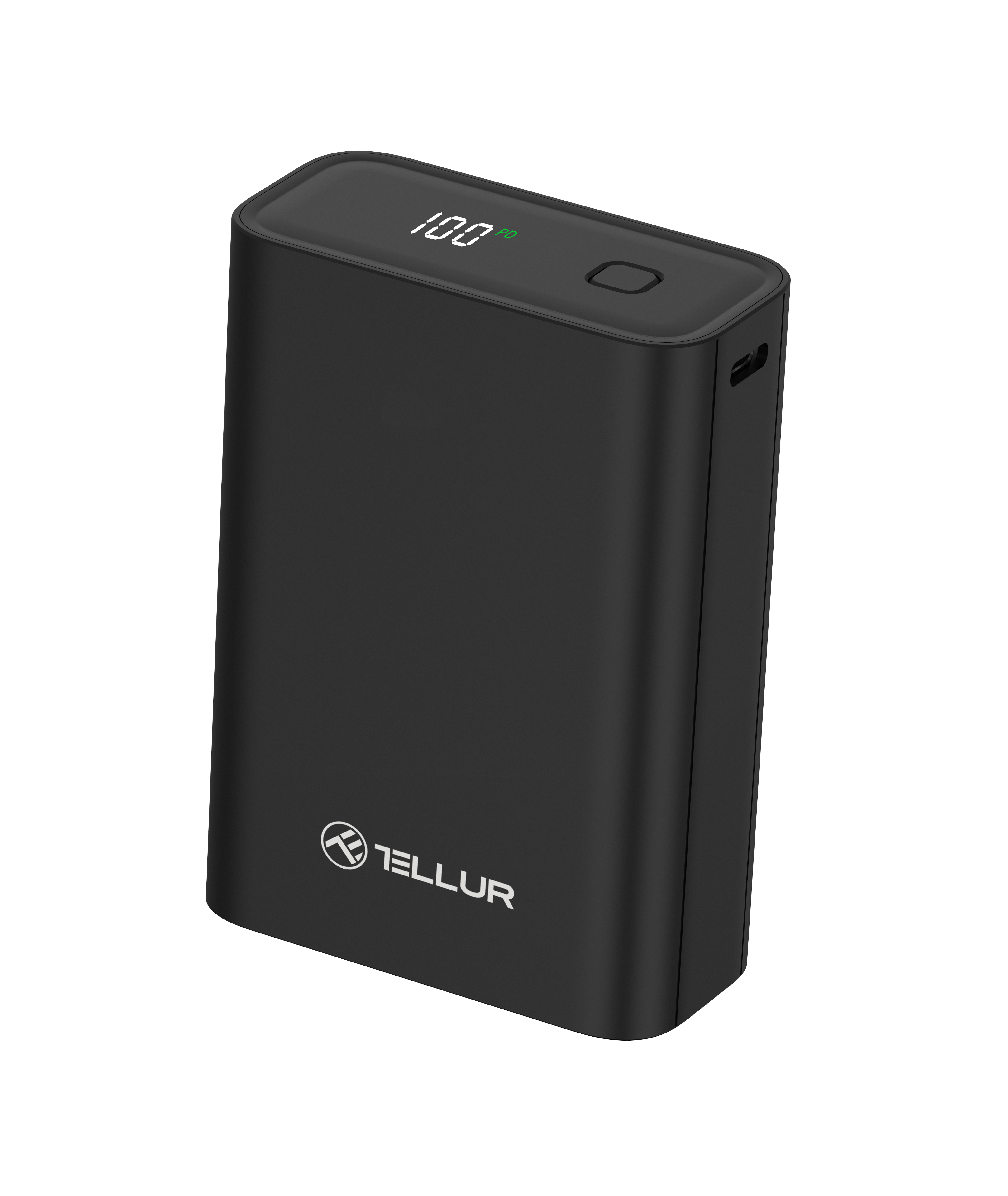 Czarny power bank z cyfrowym wyświetlaczem pokazującym 100% naładowania. Marka „Tellur” jest na nim wydrukowana.