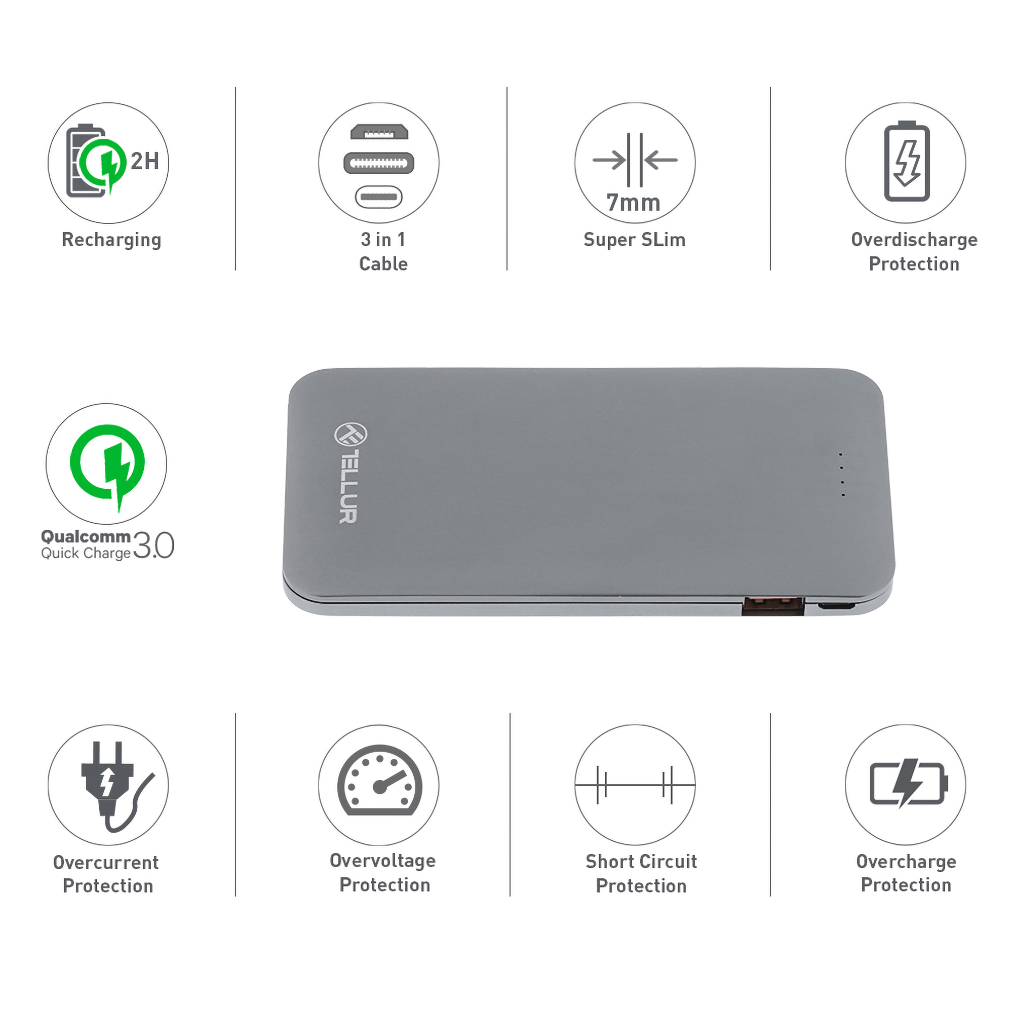 Szary power bank z ikonami funkcji i kablem do ładowania, na białym tle.