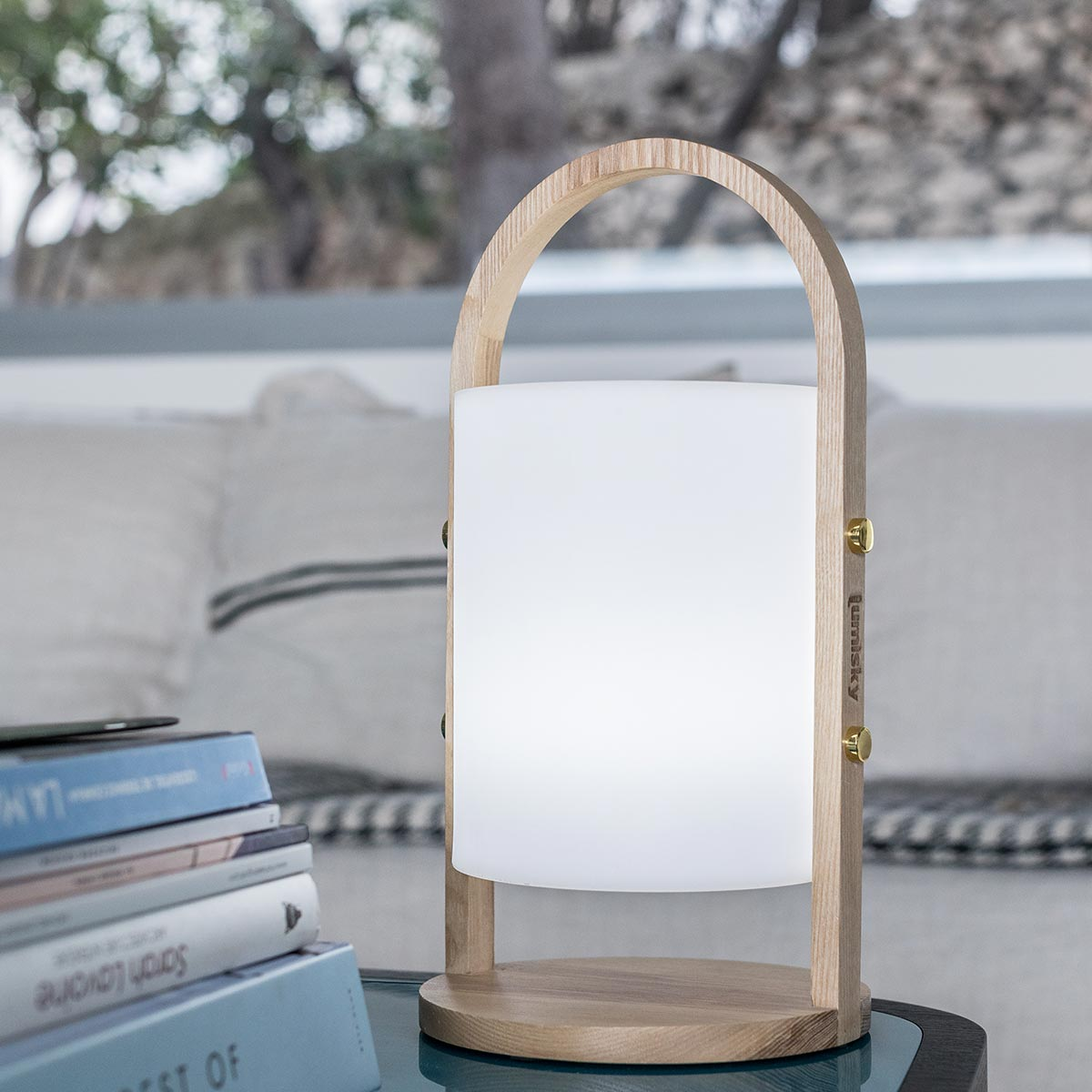 Eine hölzerne Bogenlampe auf einem Glastisch mit Büchern, mit einem Fenster und einer Couch im Hintergrund.
