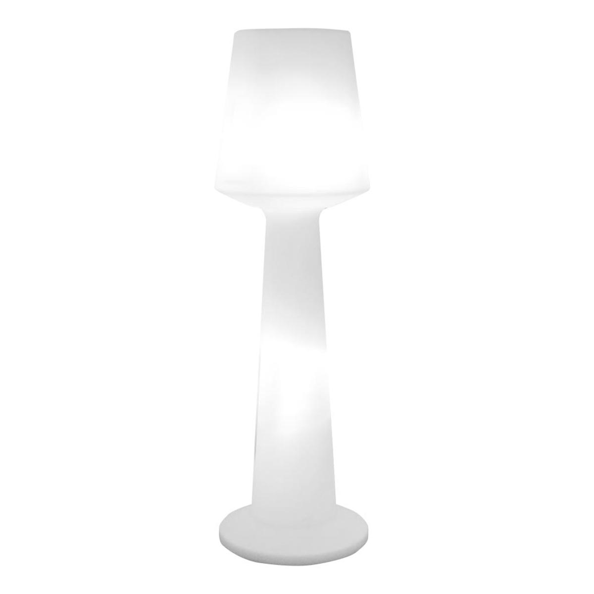 Hohe, weiße Stehlampe, zylindrischer Sockel, ausgestellter oberer Teil, leuchtend. Modernes Design.