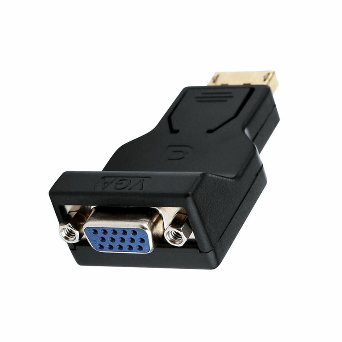 Zwarte VGA naar DisplayPort adapter met blauwe VGA-connector en gouden DisplayPort.