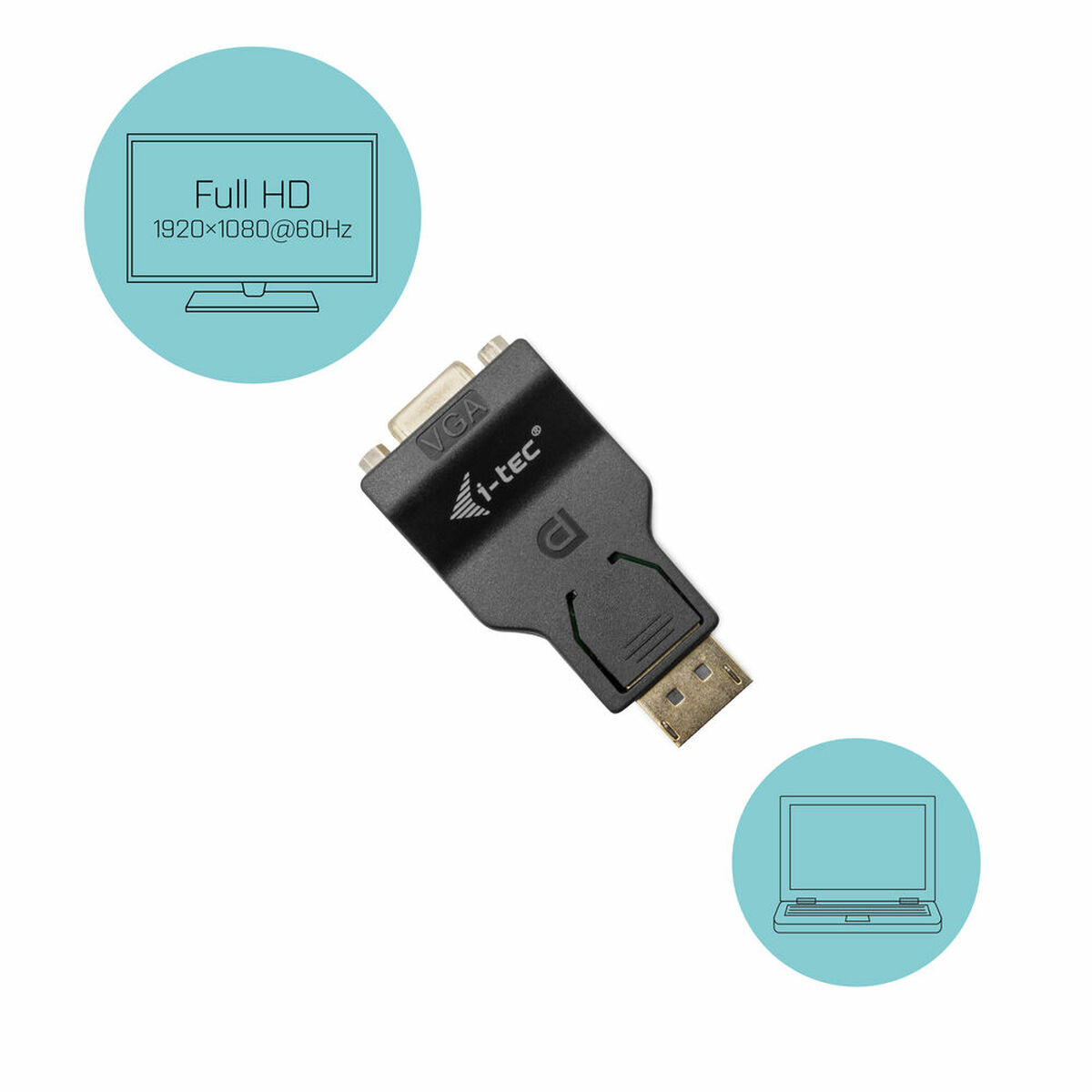 Zwarte VGA naar USB-C adapter. Blauwe cirkels tonen scherm- & laptop-iconen. Witte achtergrond.