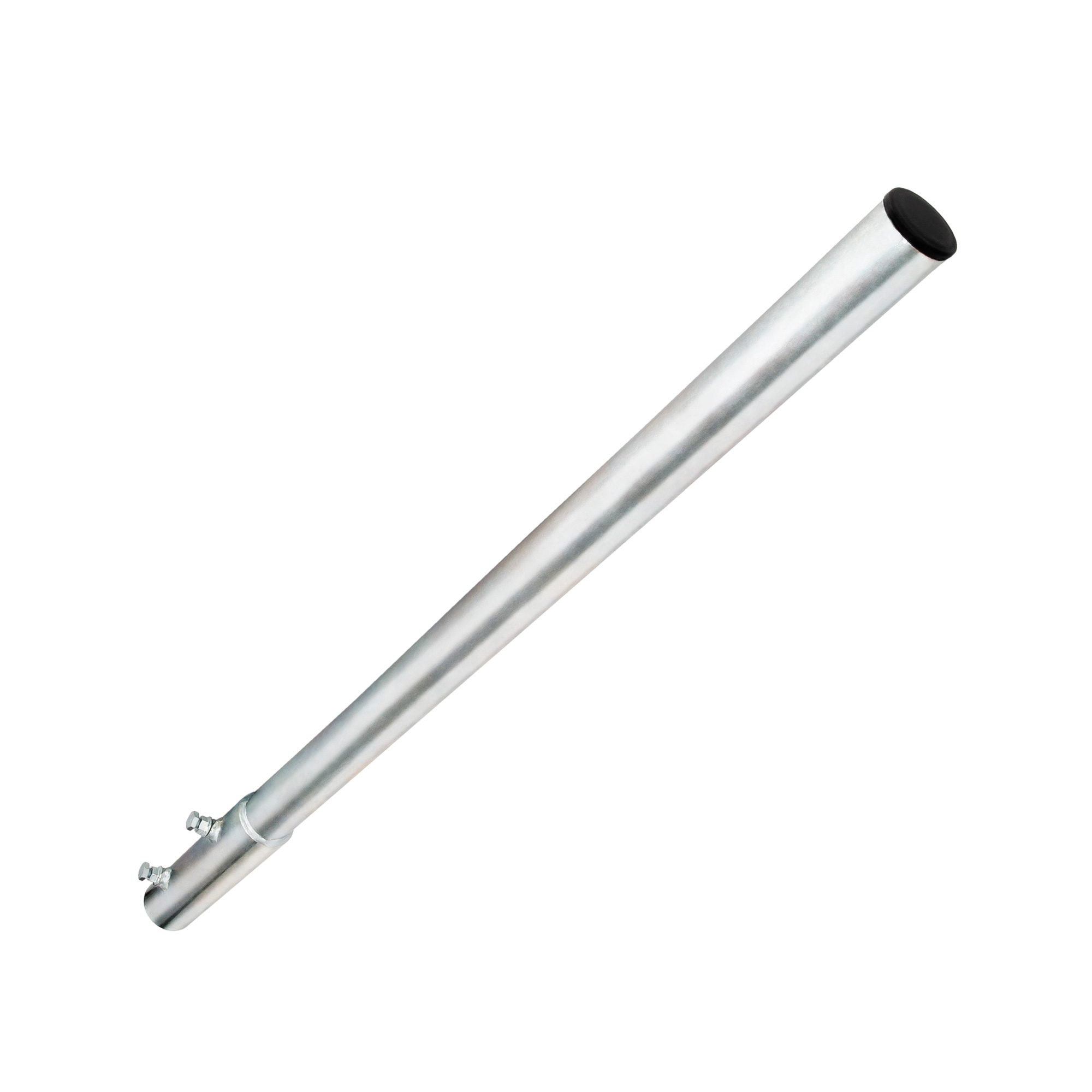 Eine silberne Metallstange mit schwarzer Kappe an einem Ende und Schraubverbindungen.