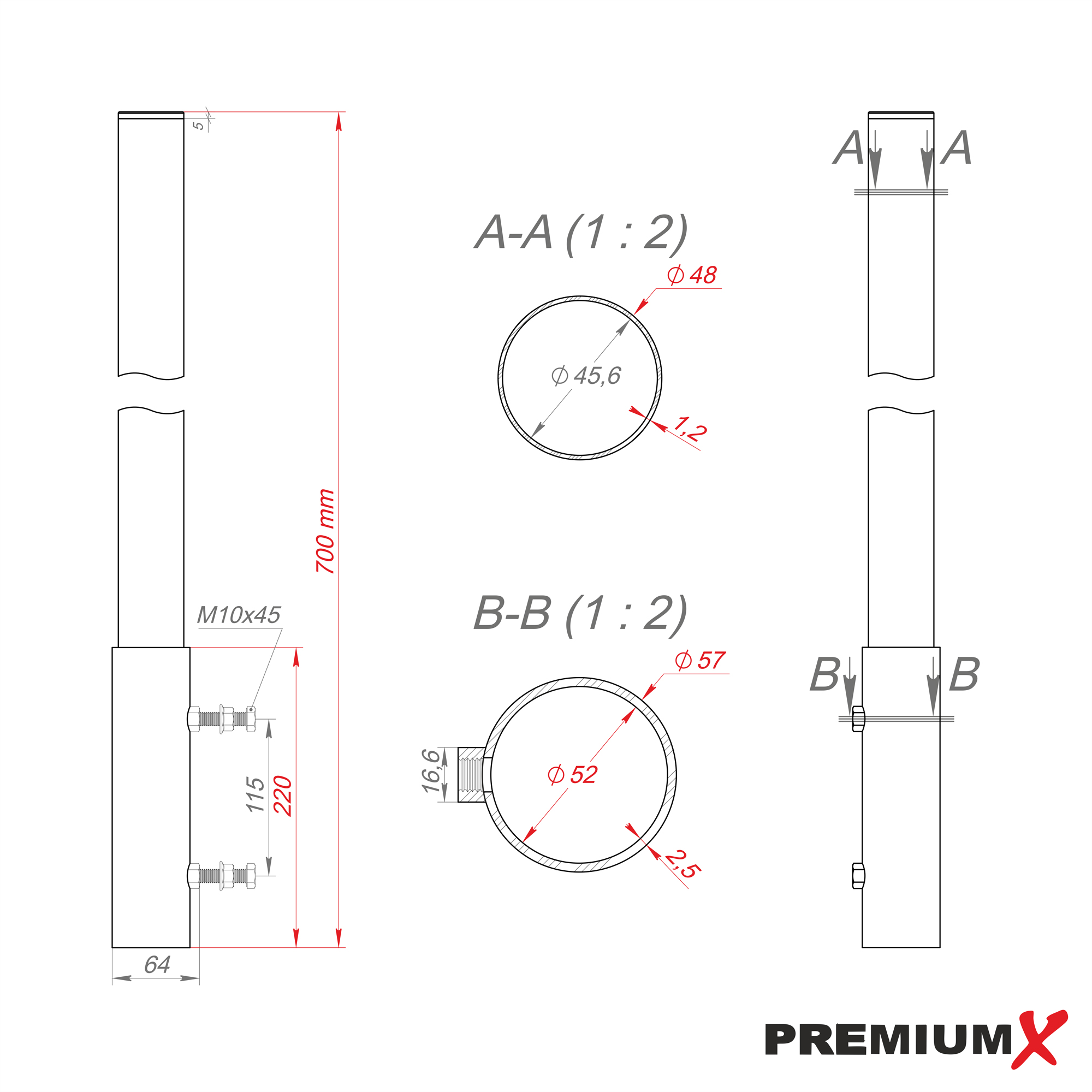 verzinkt PREMIUMX Ø Silber Mastverlängerung, Stahl 48mm Mastverlängerung 70cm Mastaufsatz