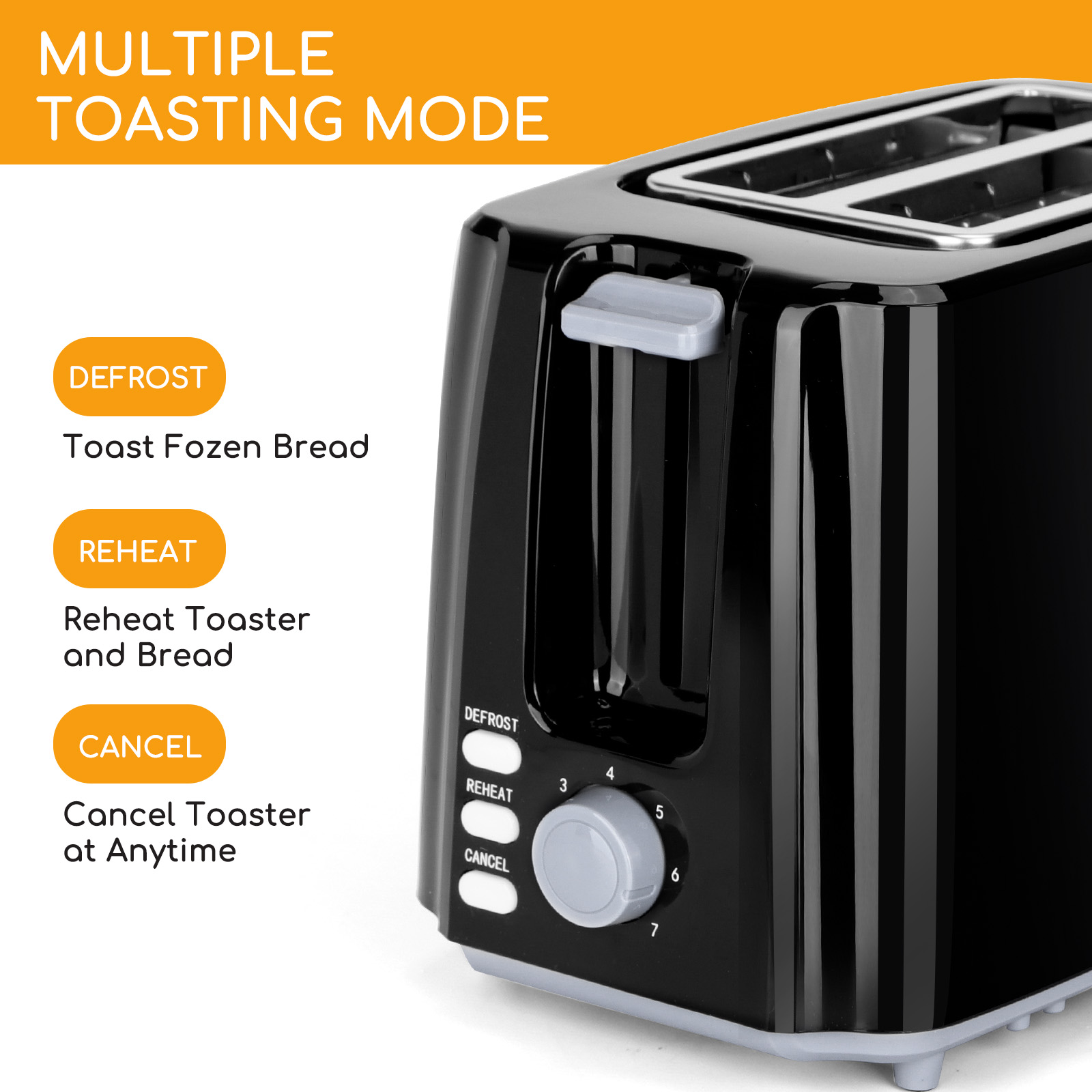 Schwarzer Toaster mit verschiedenen Toastmodi. Tasten für Auftauen, Aufwärmen und Abbrechen.