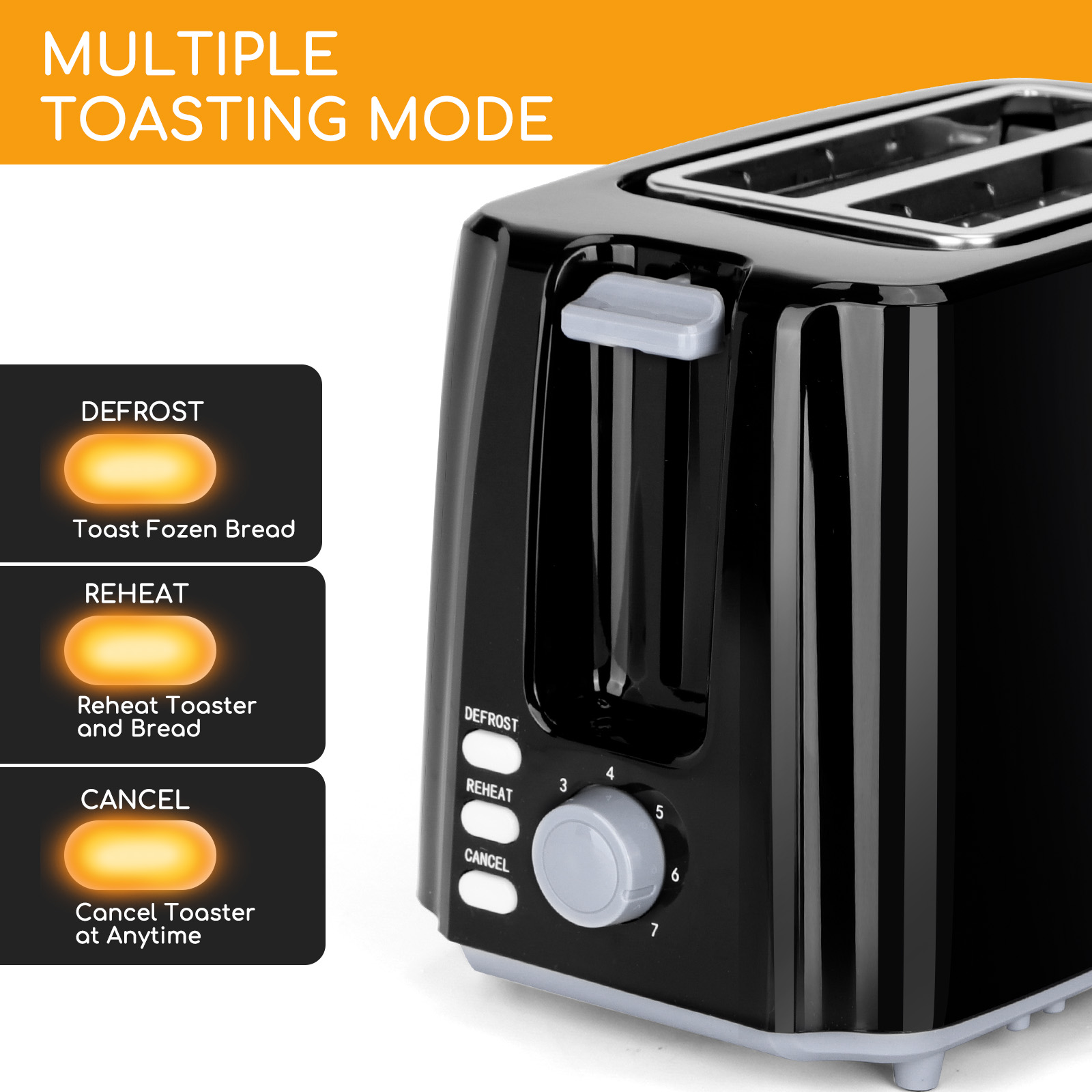 Schwarzer Toaster mit mehreren Toastmodi: Auftauen, Aufwärmen und Abbrechen. Drehregler und Kontrollleuchten sichtbar.