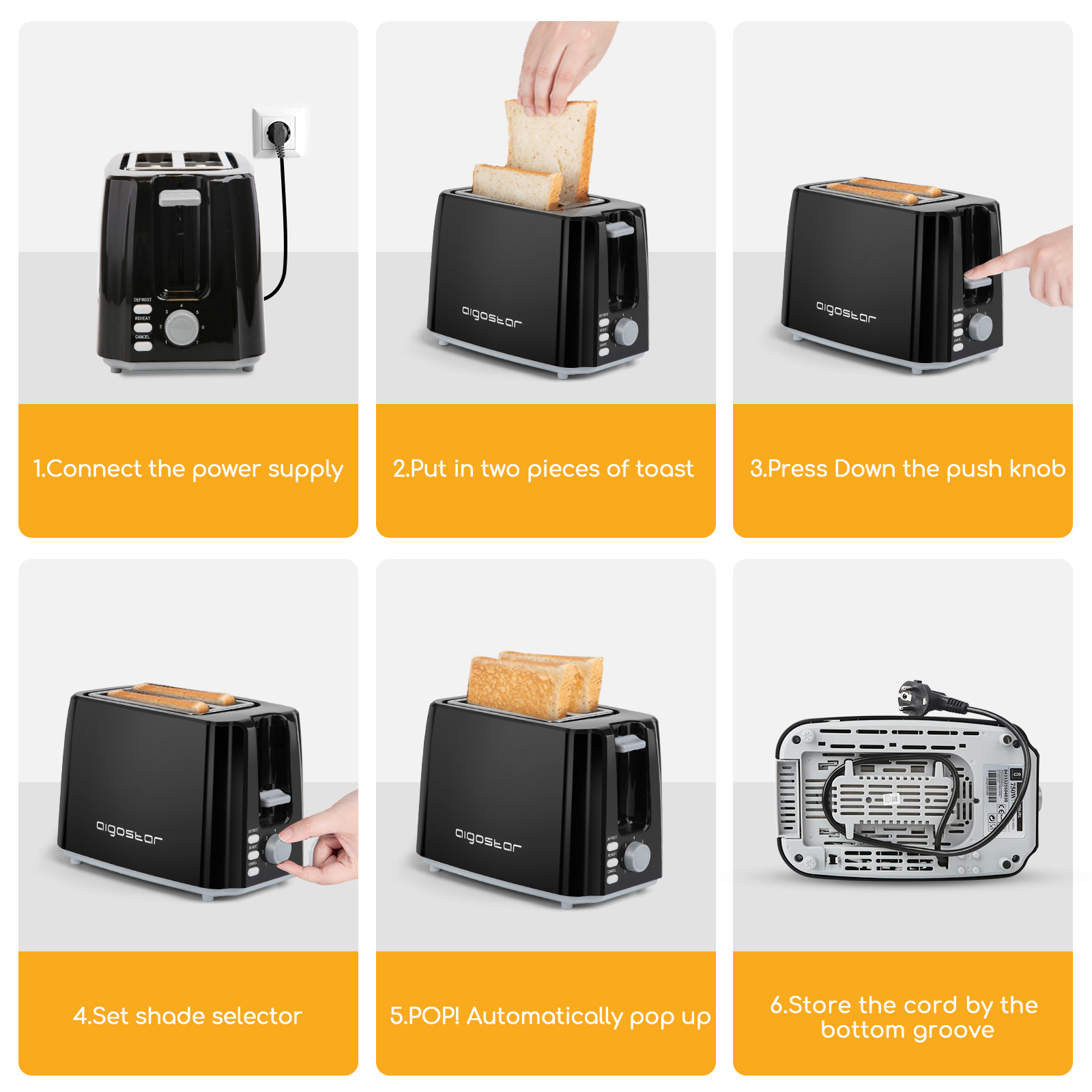 Sechs-Schritte-Anleitung zur Verwendung eines schwarzen Toasters. Jeder Schritt gezeigt.