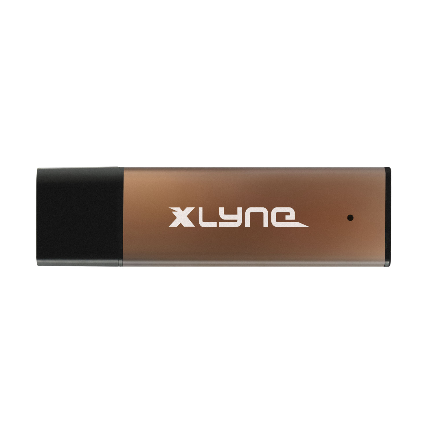 Ein brauner XLyne USB-Stick mit weißem Markennamen, vor weißem Hintergrund.