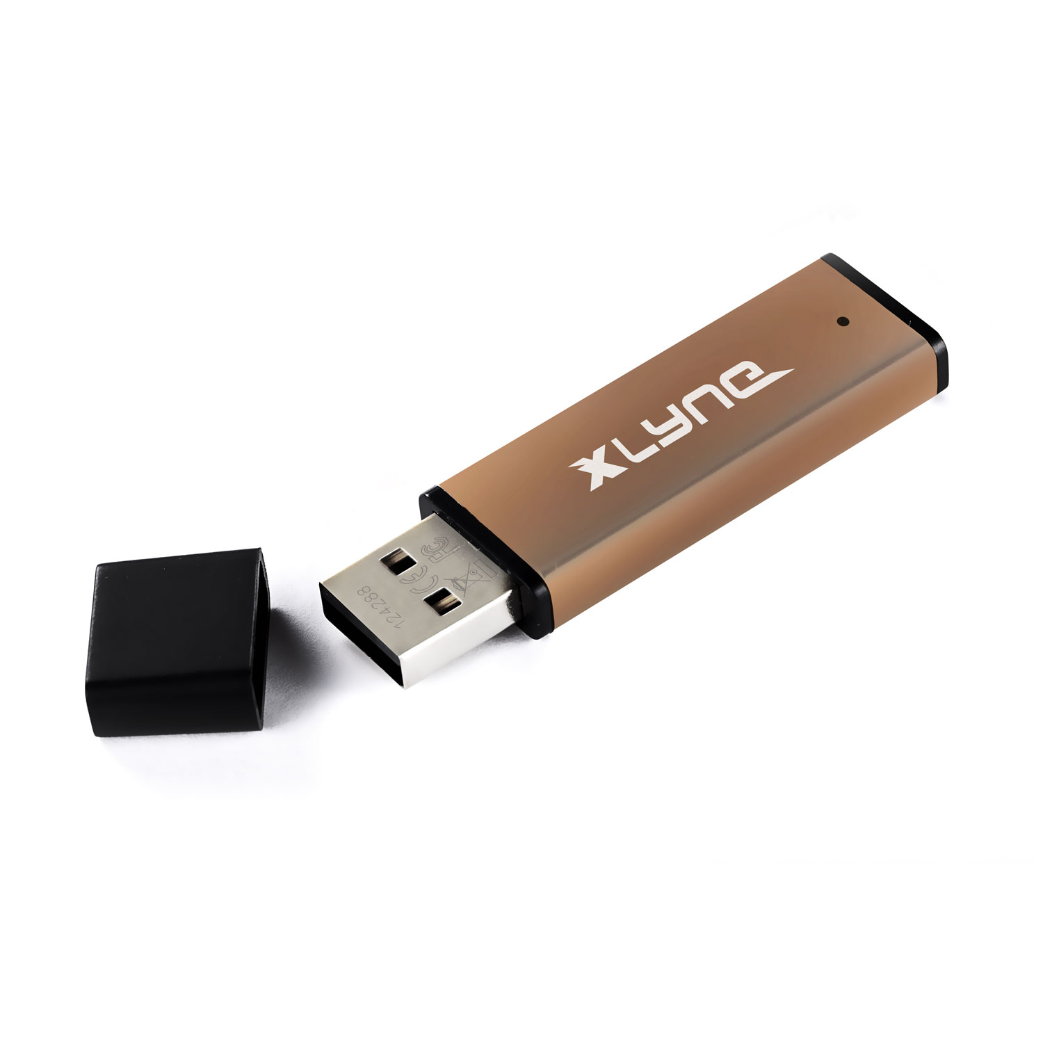 USB-Stick in Bronzefarbe mit schwarzer Kappe. Weißer Hintergrund.