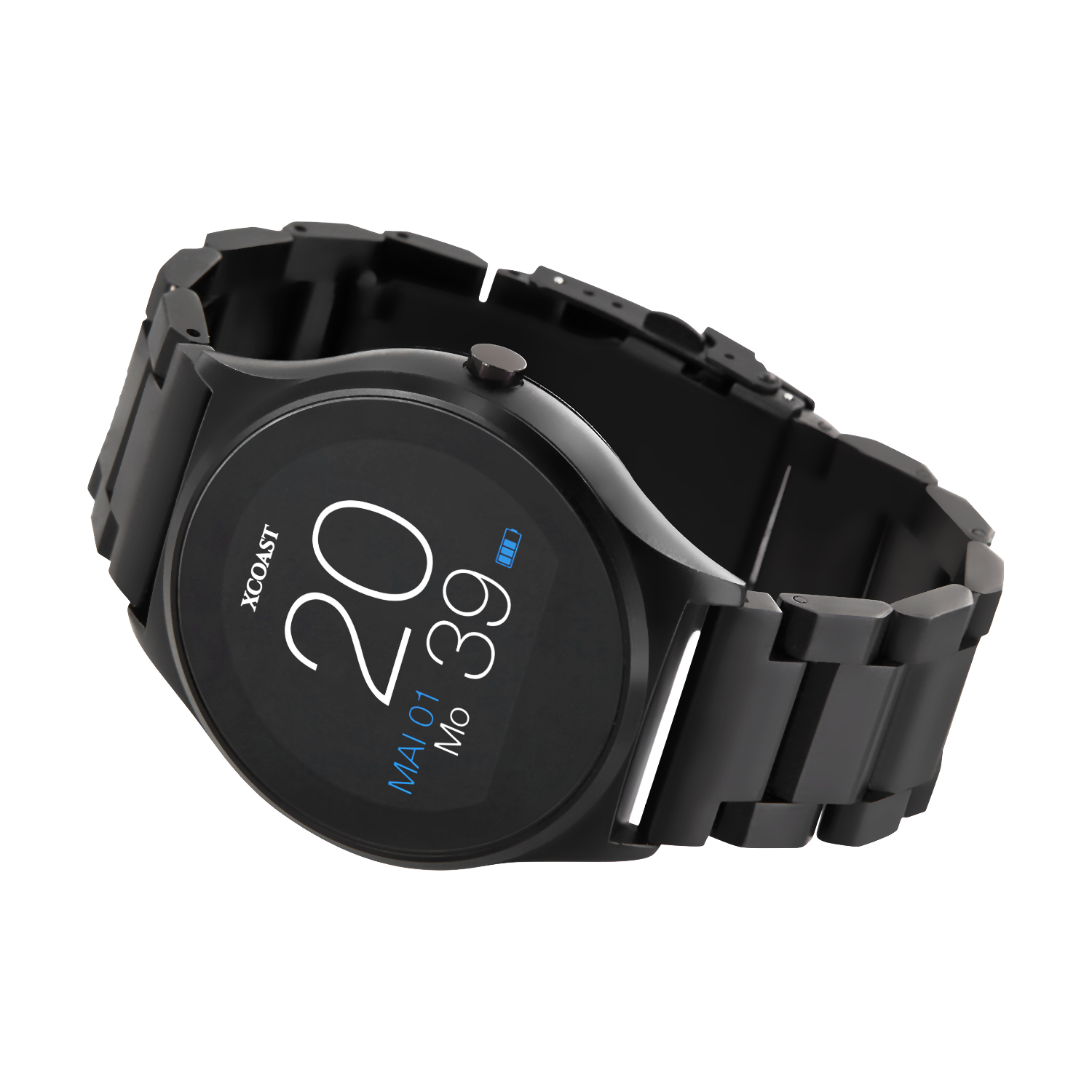 Schwarze Smartwatch mit schwarzem Armband. Die Uhr zeigt Datum und Uhrzeit in weißer Schrift an.