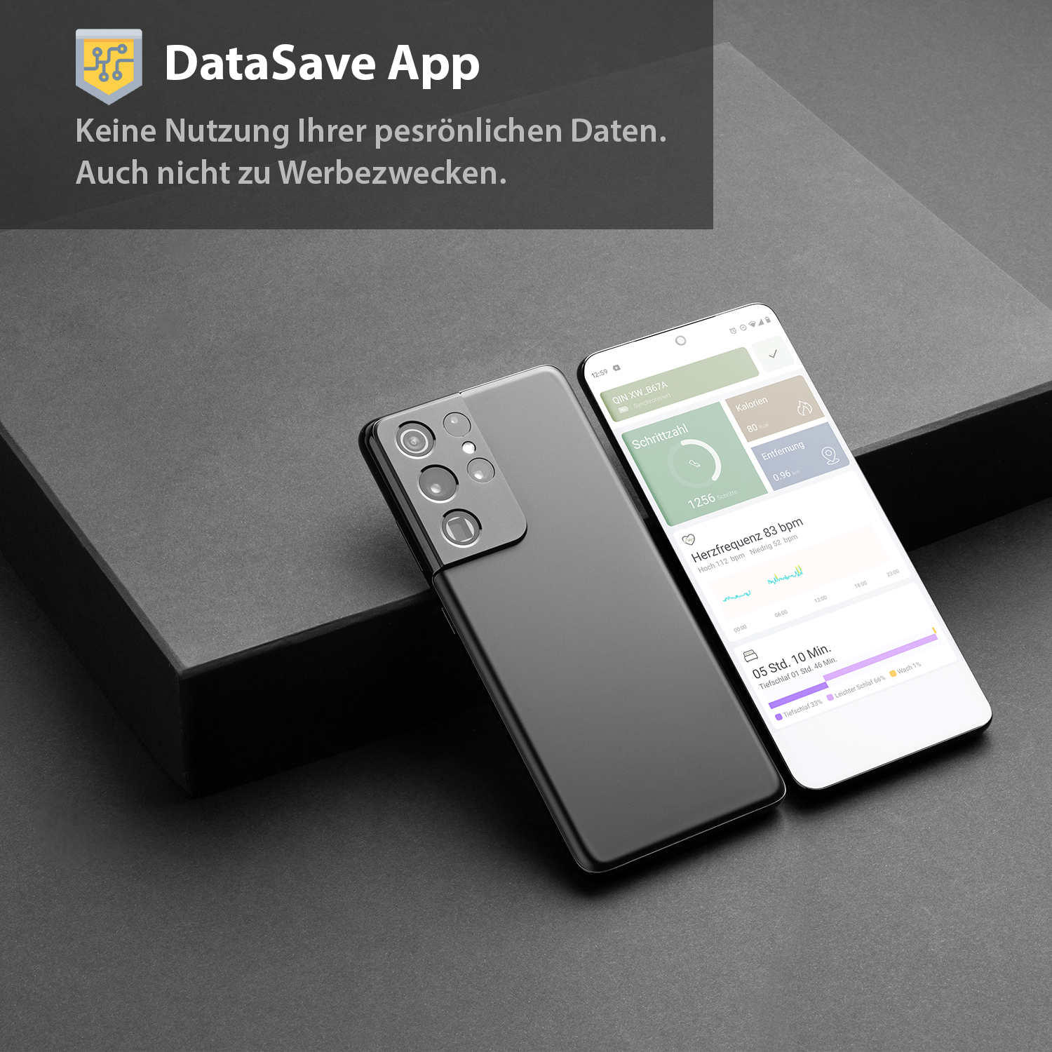 Telefon und Bildschirm mit Gesundheitsdaten.