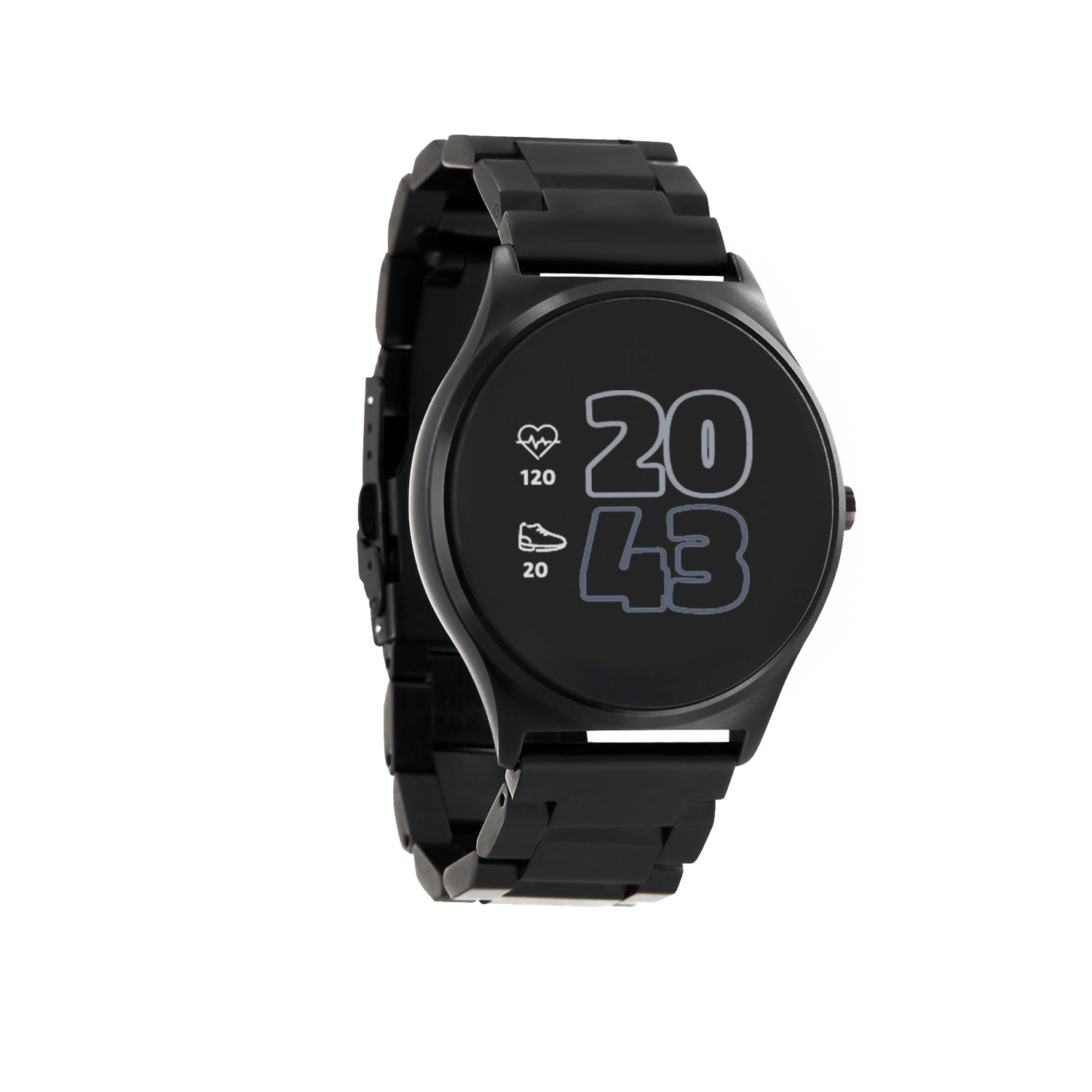 Schwarze Smartwatch mit Anzeige von Zeit und Herzfrequenz, auf weißem Hintergrund.