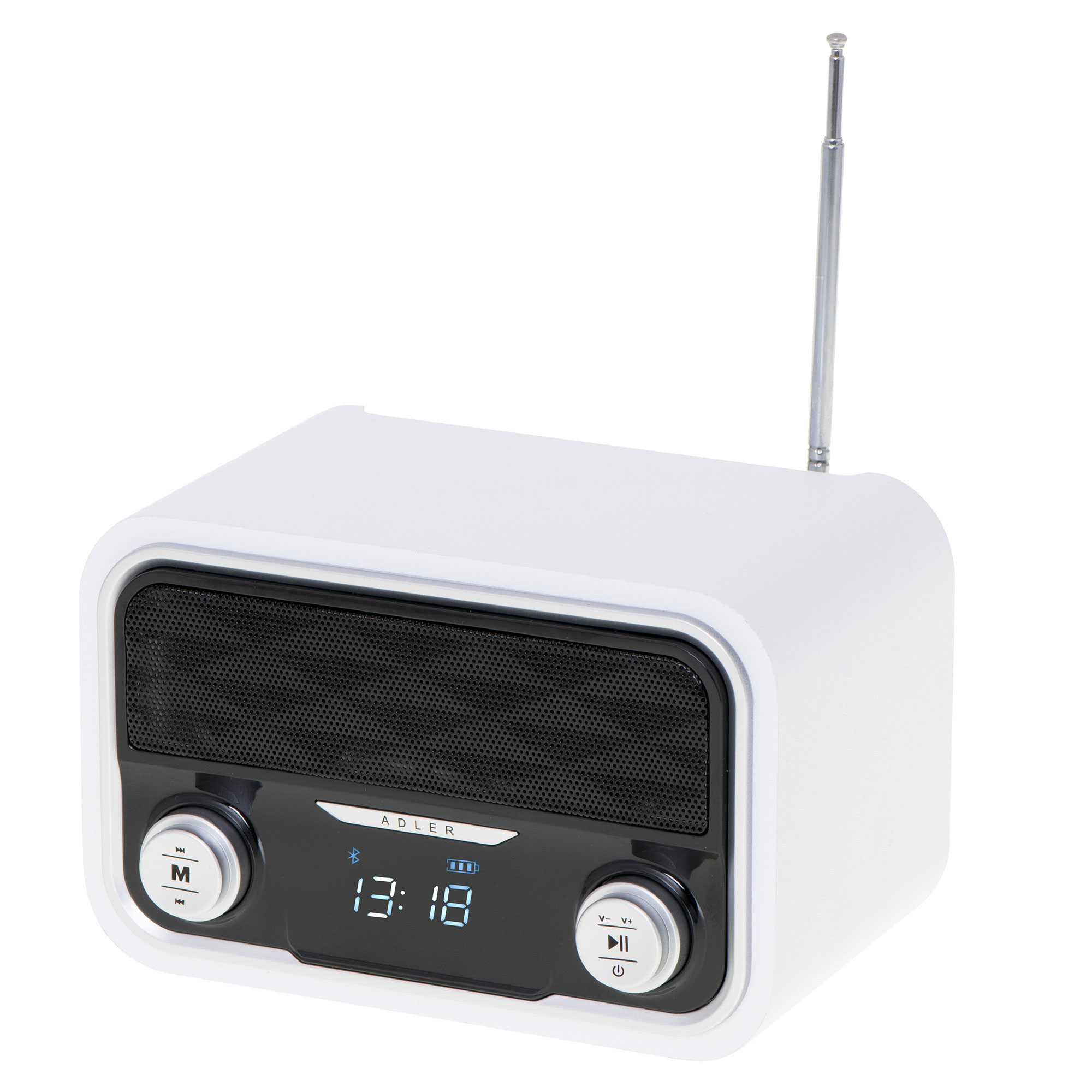 Radio bianca con copertura altoparlante nera, display digitale e antenna. Manopole a sinistra e a destra.