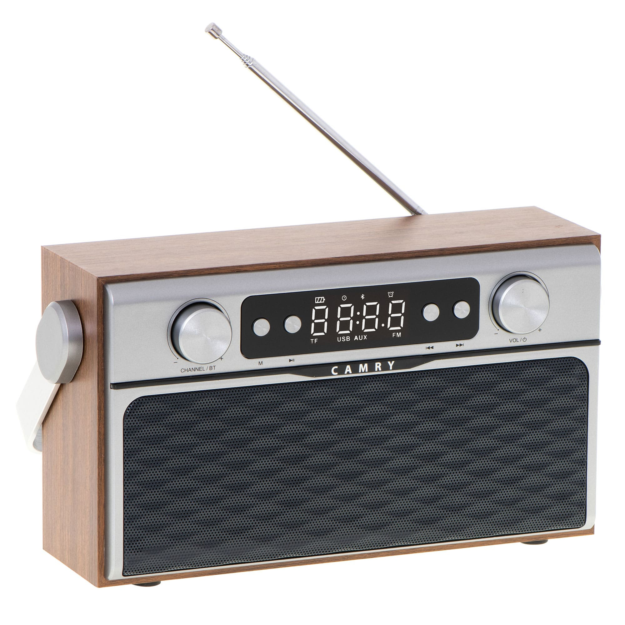 Wooden and silver retro radio with a digital display and antenna up.