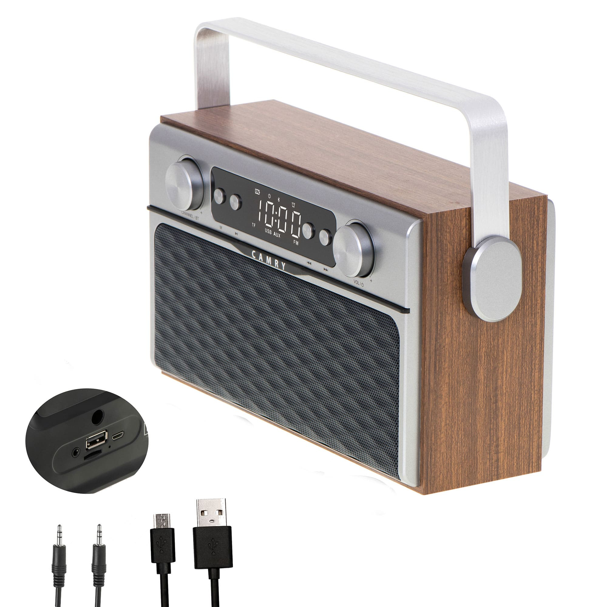 Wooden and silver radio with handle, display showing time, and cables.