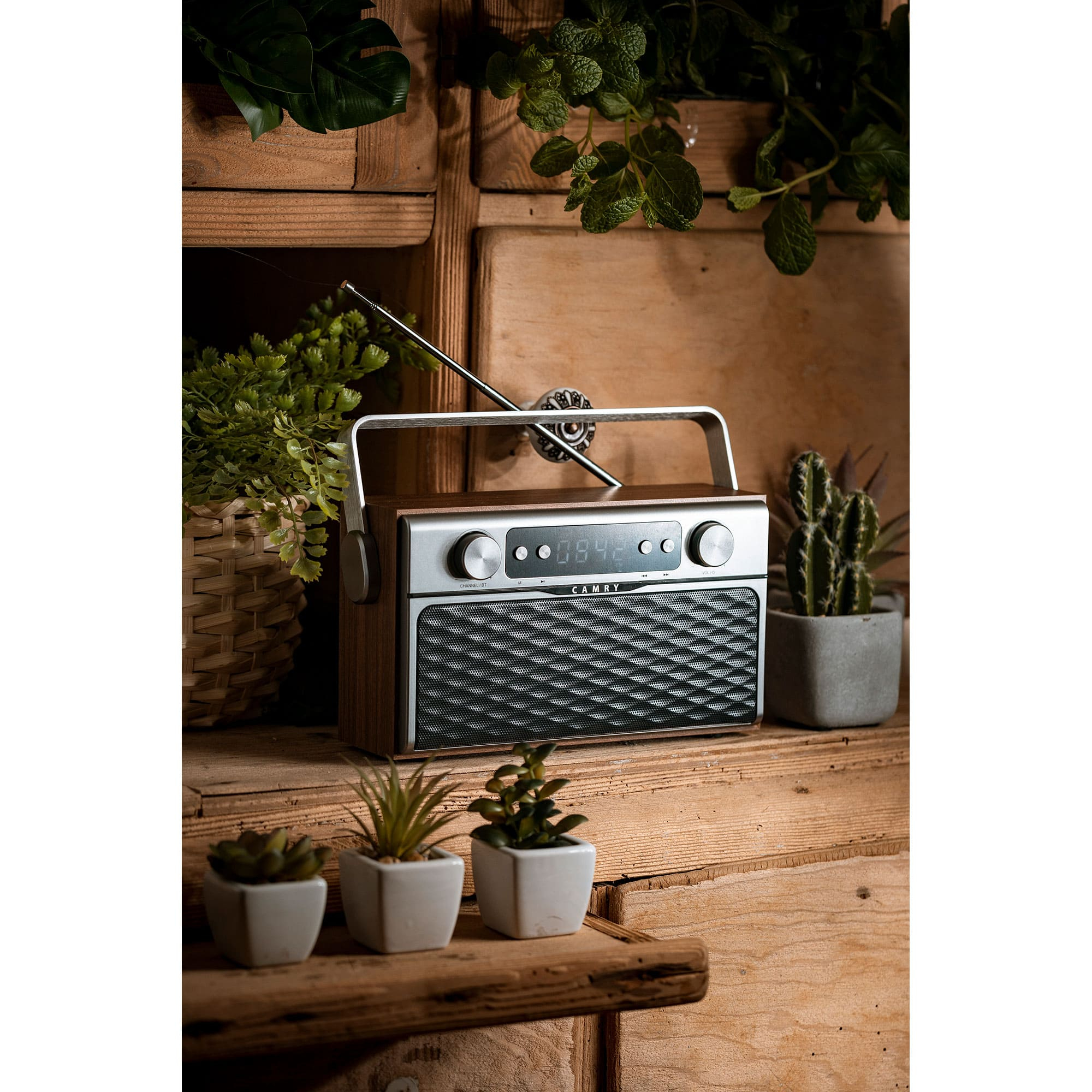 A wooden radio with a digital display and small plants on a shelf.