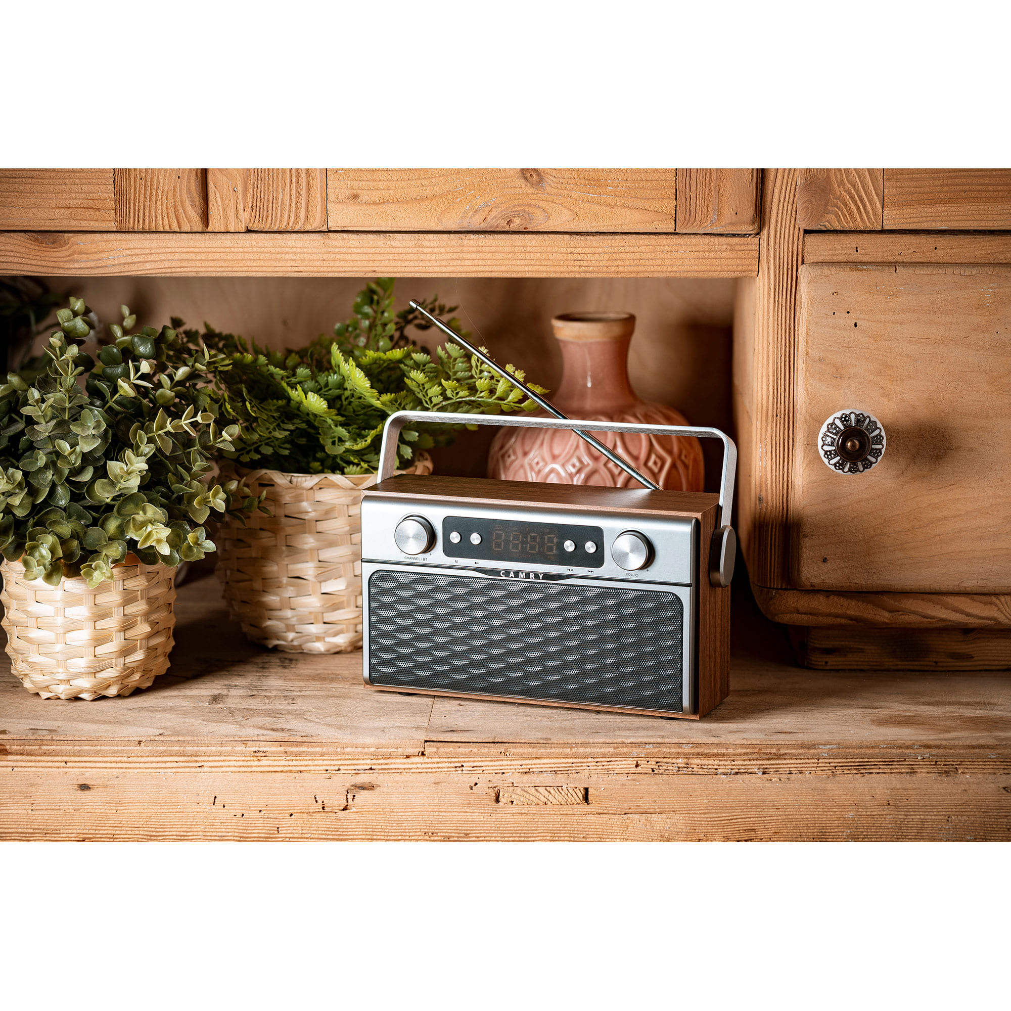A retro-style radio. It has a wooden body, silver accents, and a speaker grill. There are plants in the background.
