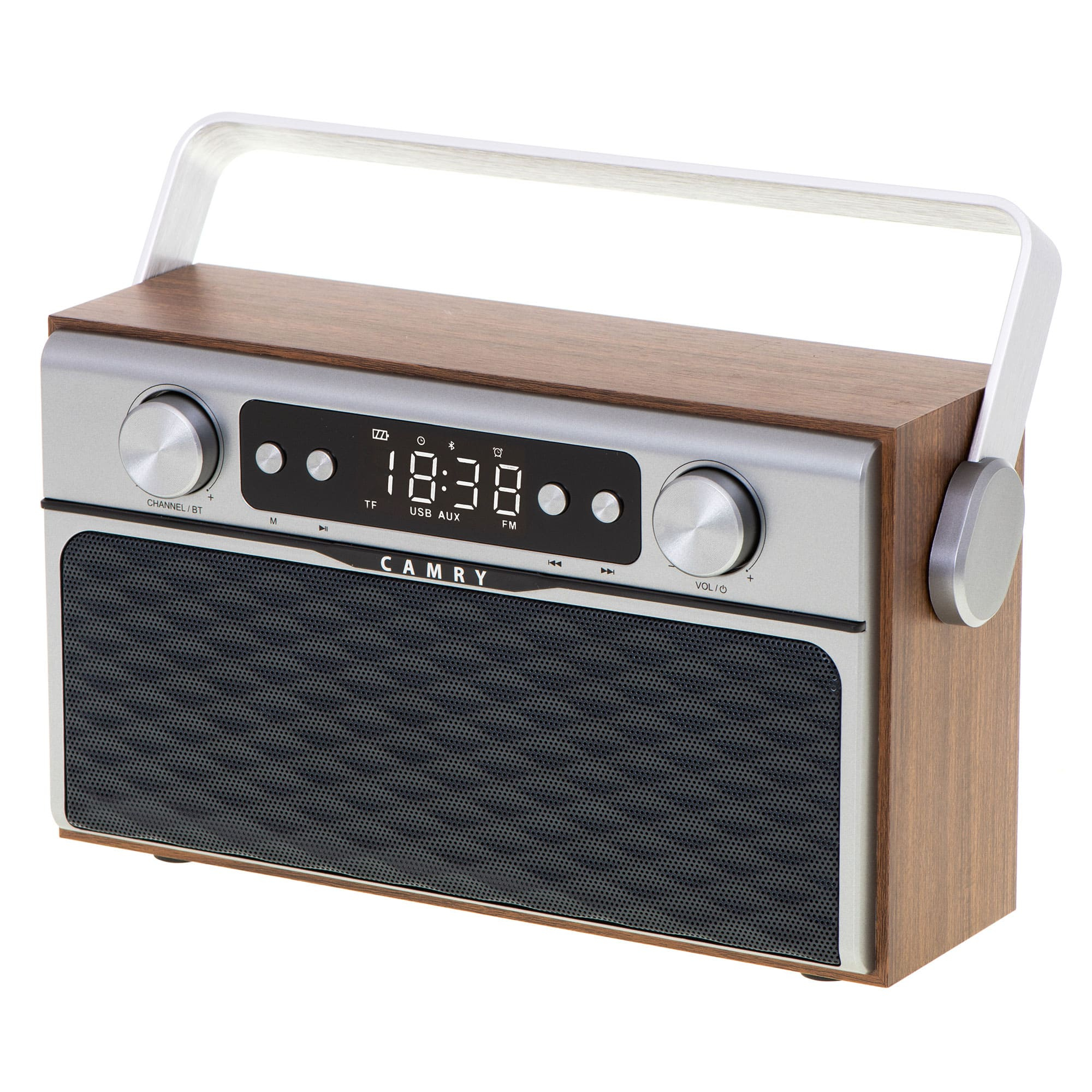A retro-style radio with a wooden casing, a silver front, and a handle on top.