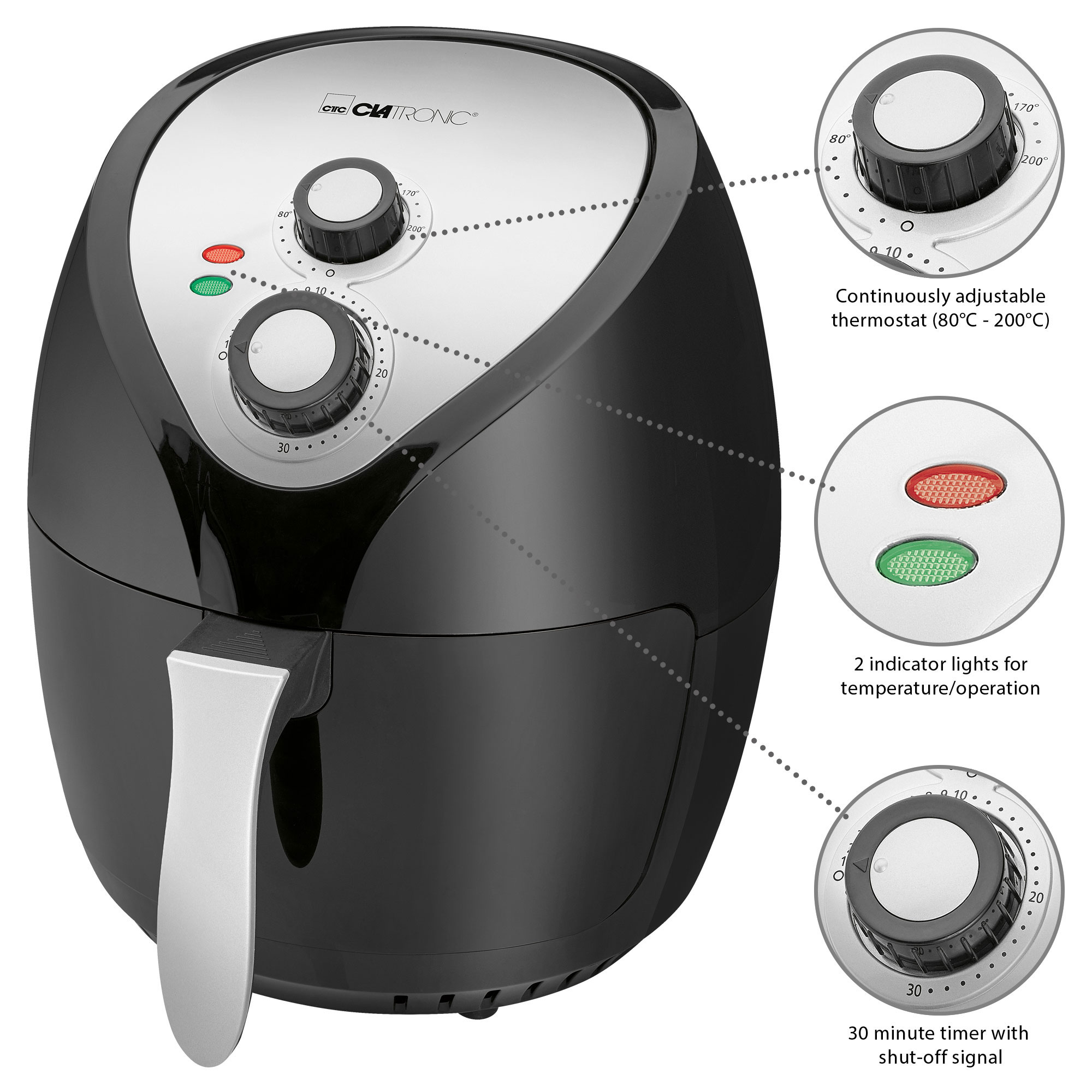 Freidora sin aceite - FR 3699 H CLATRONIC, 1400 W, 3,6 Liter, Negro/Gris