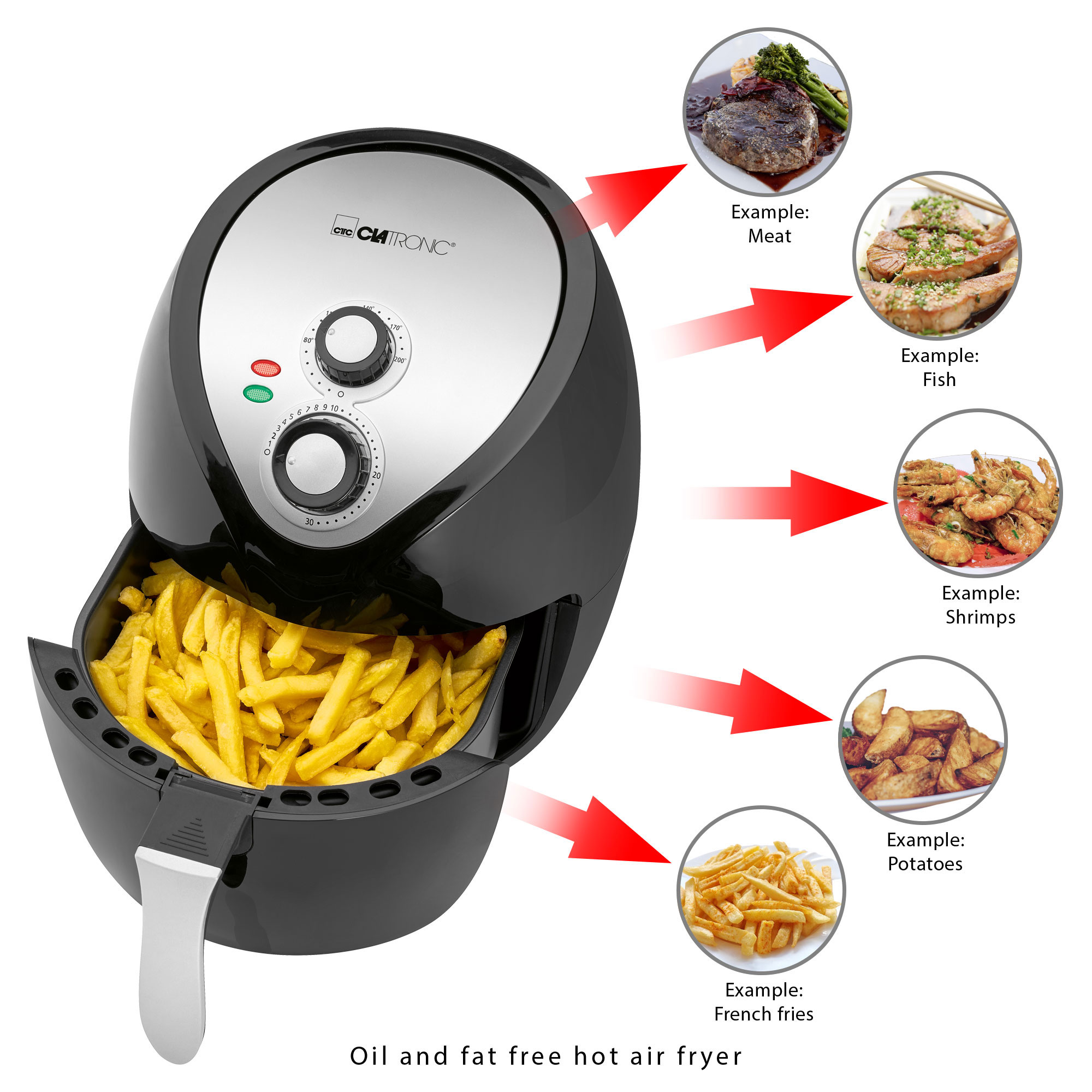Friggitrice ad aria nera con patatine fritte ed esempi di carne, pesce, gamberi e patate.