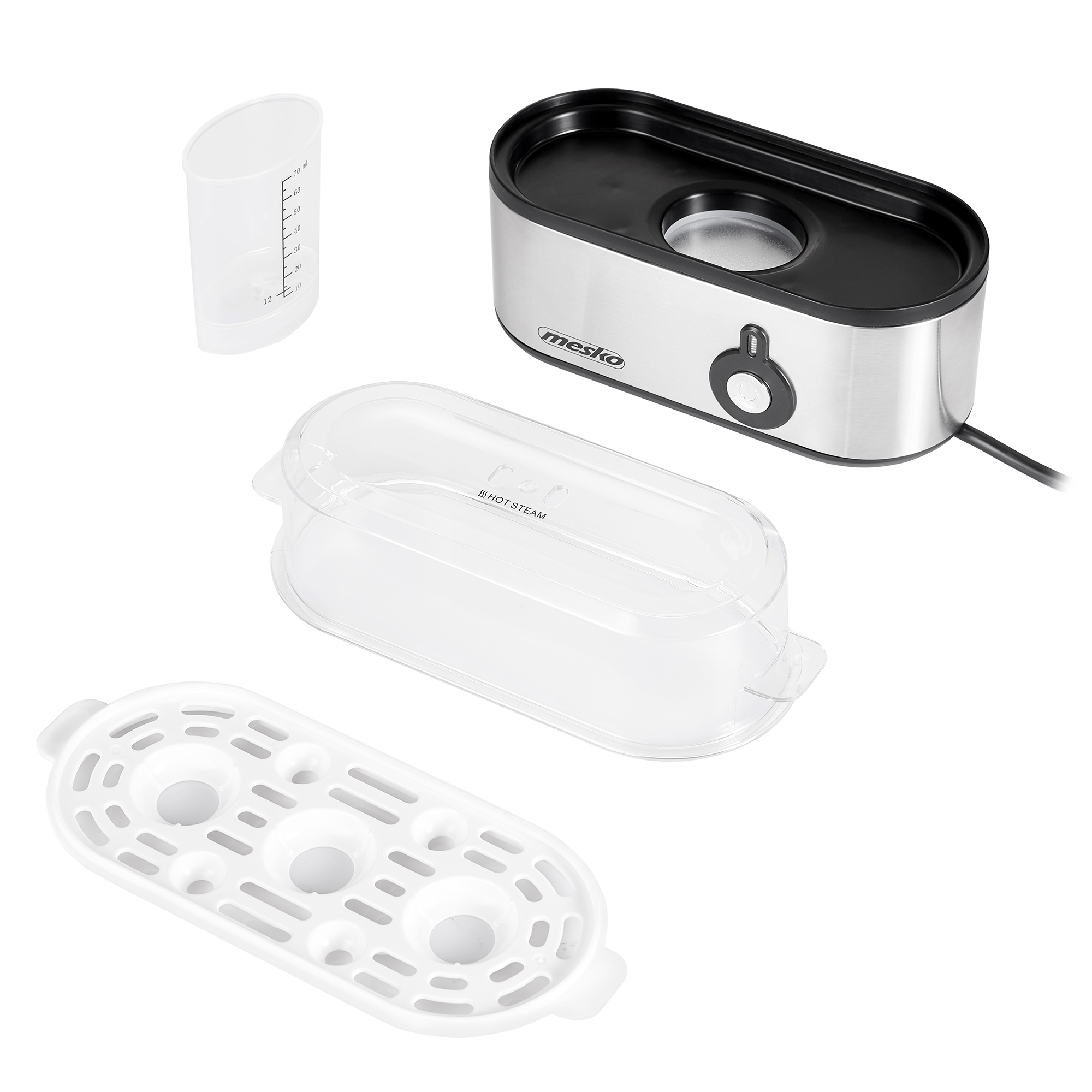 Gotowacz jajek z jego komponentami: miarka, pokrywka i uchwyt na jajka.