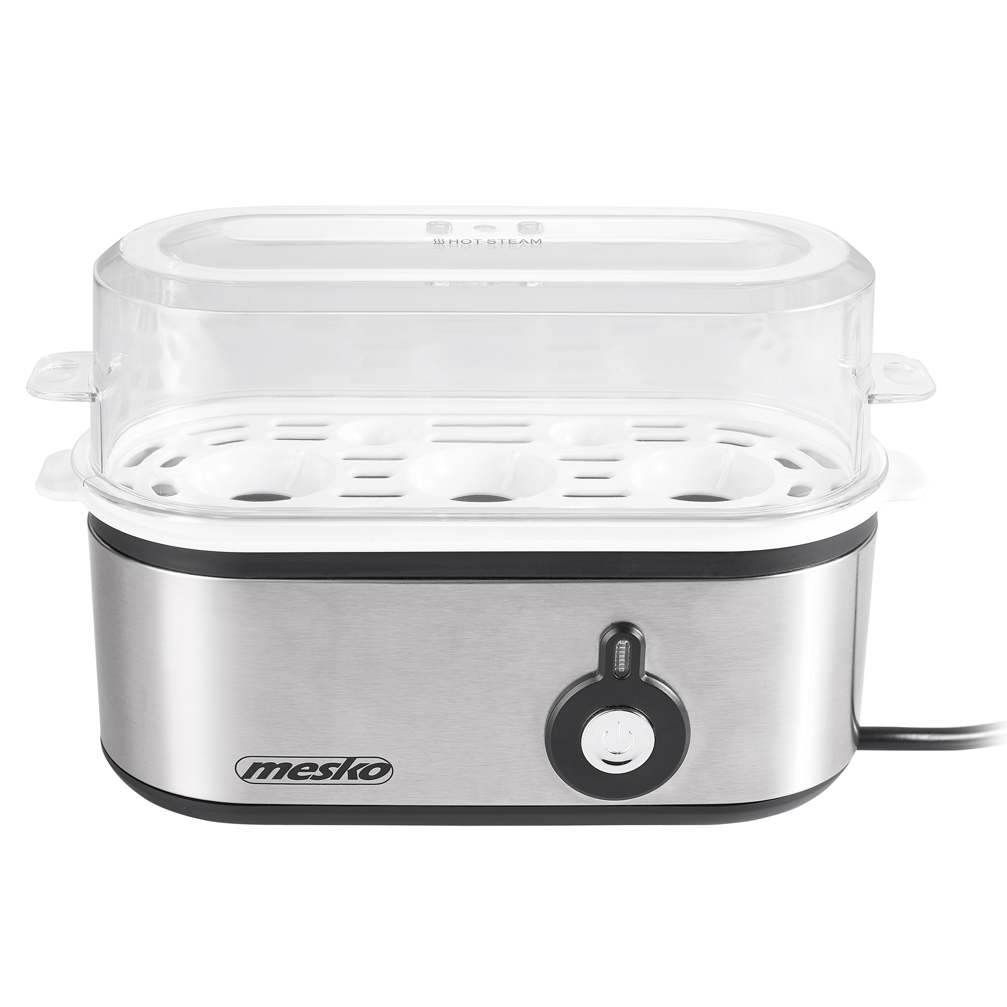 Gotowacz jajek ze stalową podstawą, przezroczystą pokrywą i czarnym pokrętłem. Białe tło.