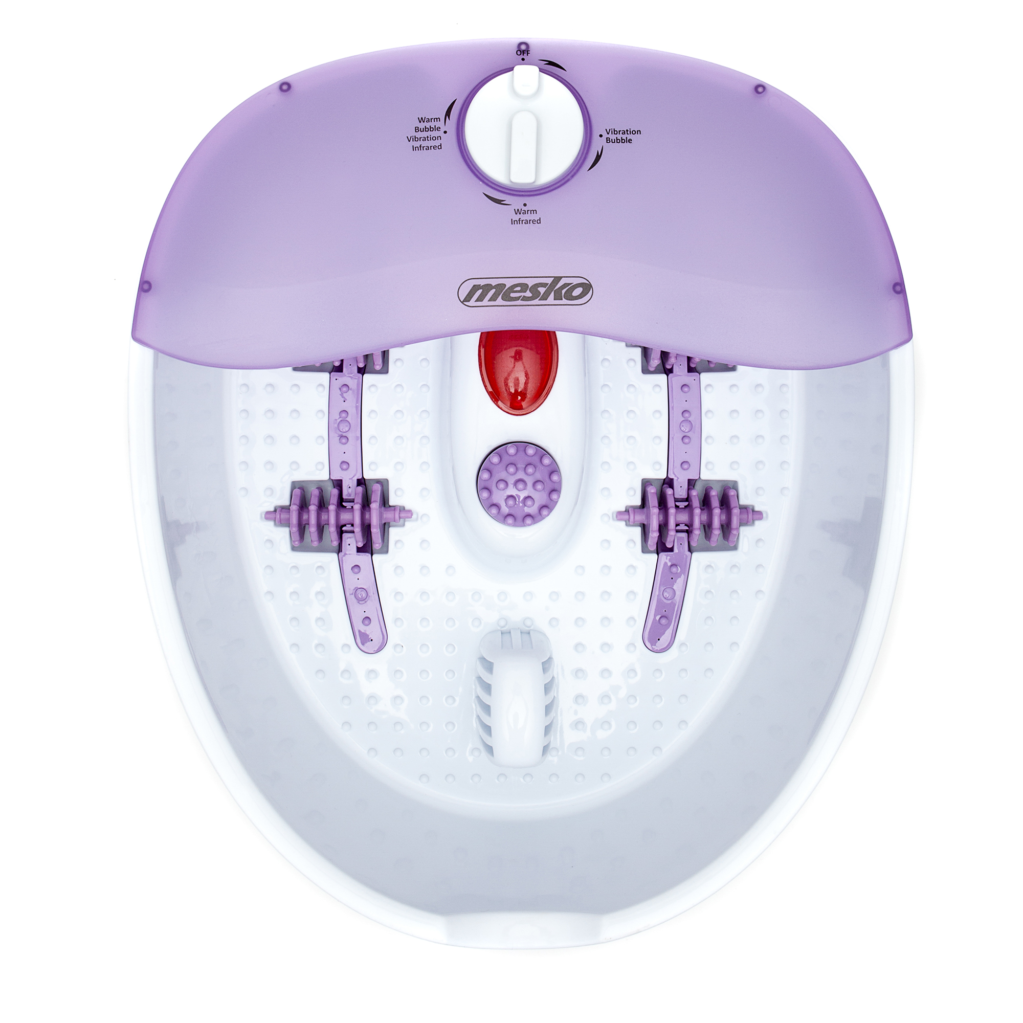 Spa per piedi con dettagli viola. Comandi per acqua calda, vibrazioni e bolle. Sfondo bianco.