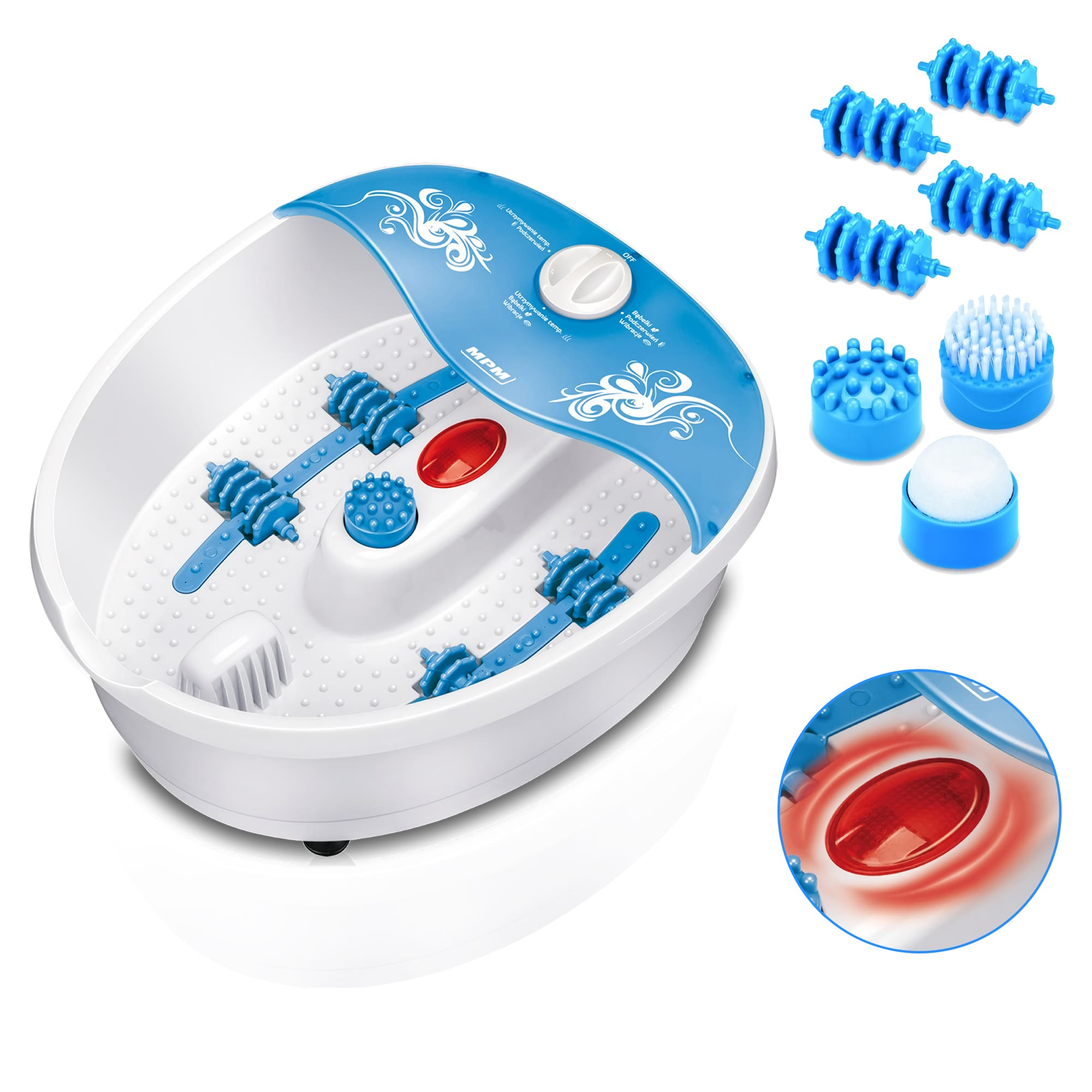 Spa de pies blanco y azul con rodillos y accesorios azules. El spa tiene un elemento calefactor rojo.