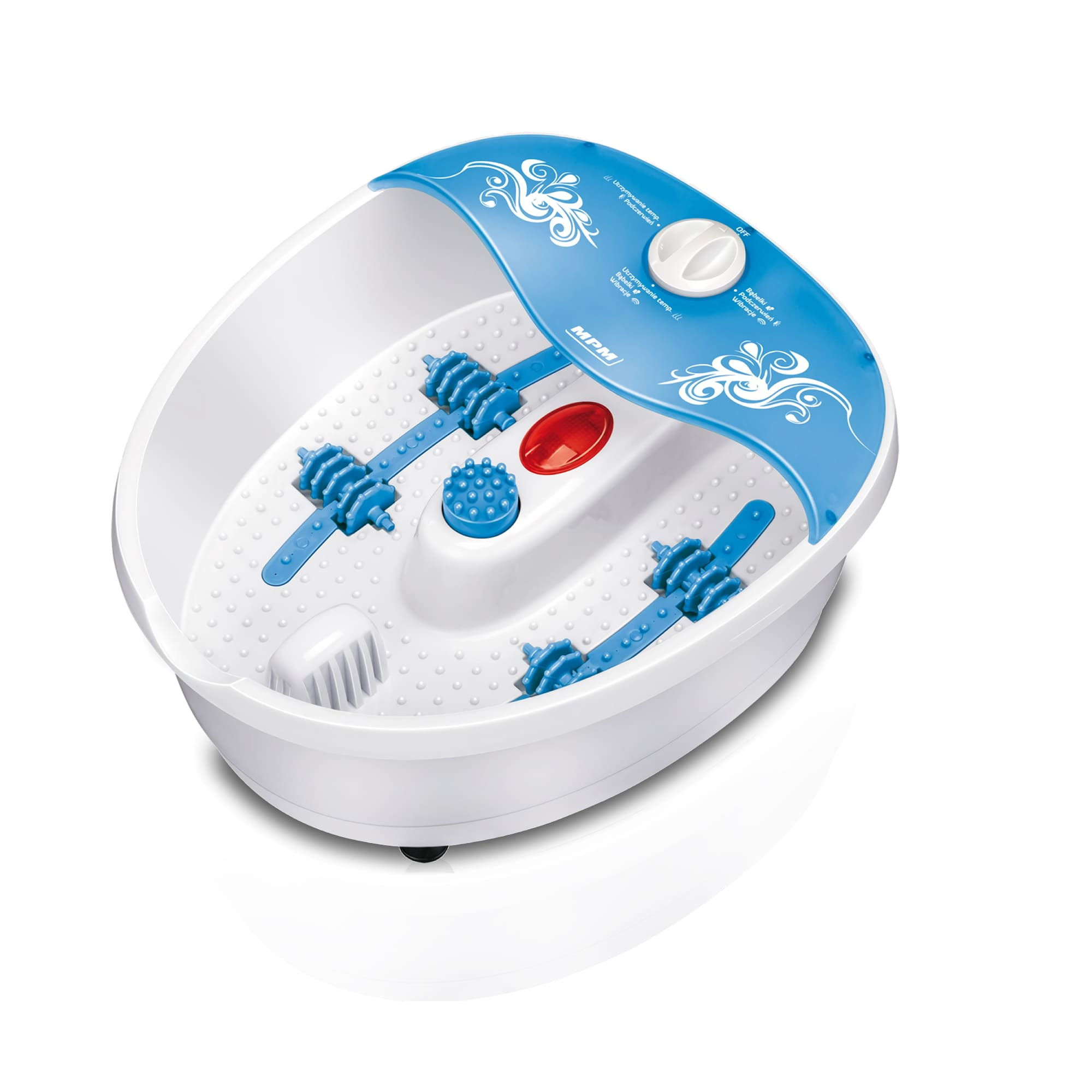 Un spa de pies blanco y azul con rodillos y controles. Tiene una tapa azul y una base blanca.