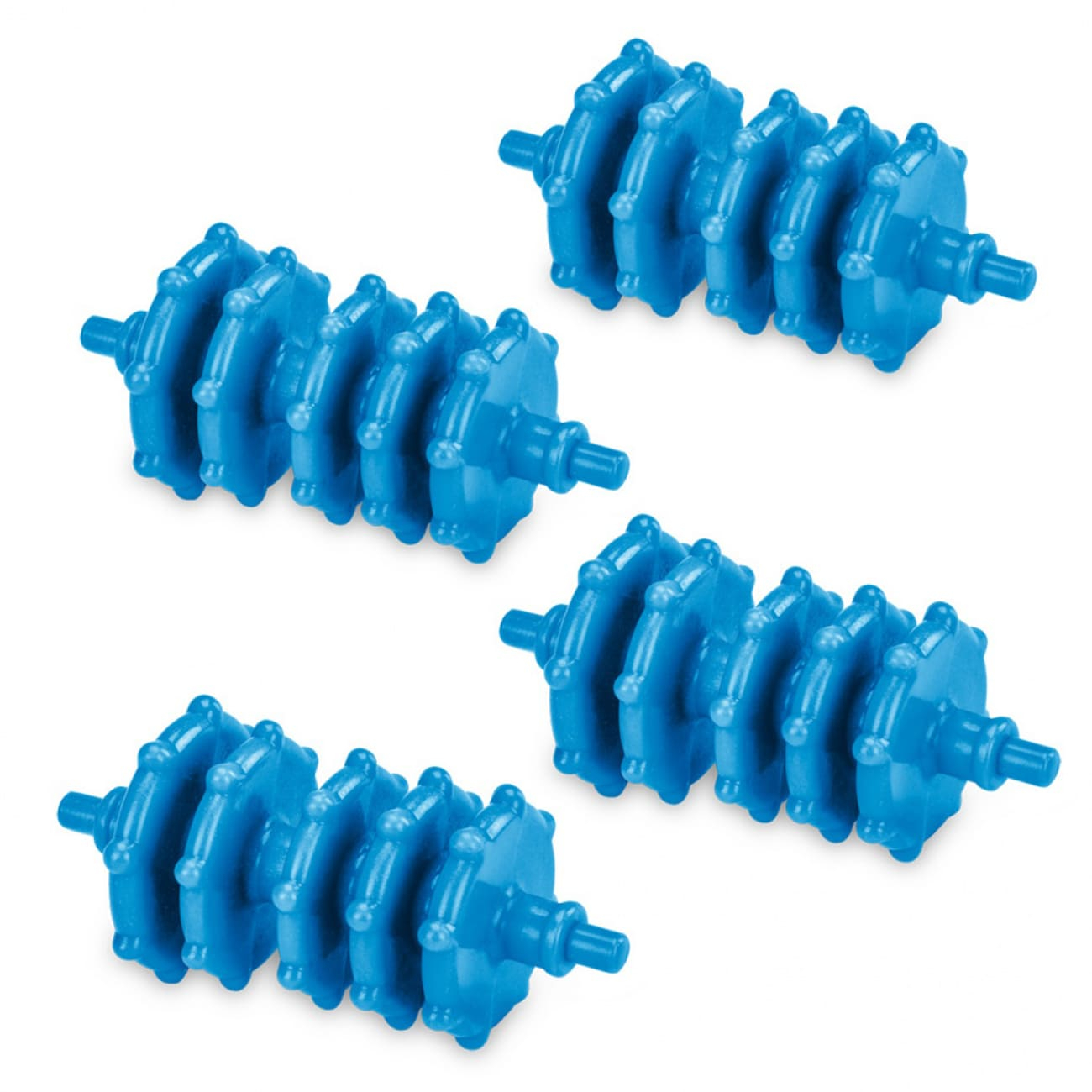 Cuatro rodillos de masaje de plástico azul sobre fondo blanco.