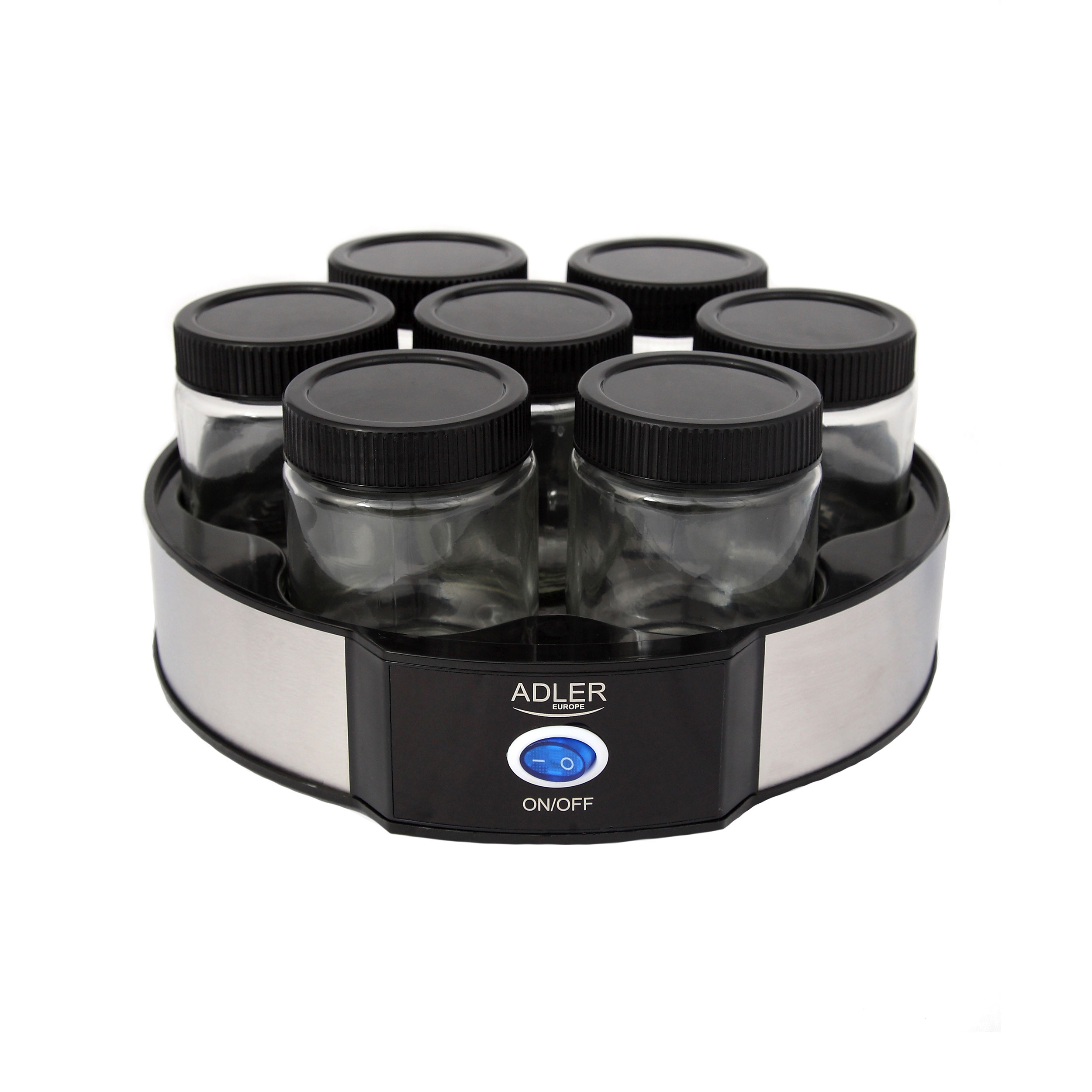 Zestaw słoików z siedmioma szklanymi słoikami, czarnymi pokrywkami i czarną podstawą z przyciskiem Adler Europe on/off.