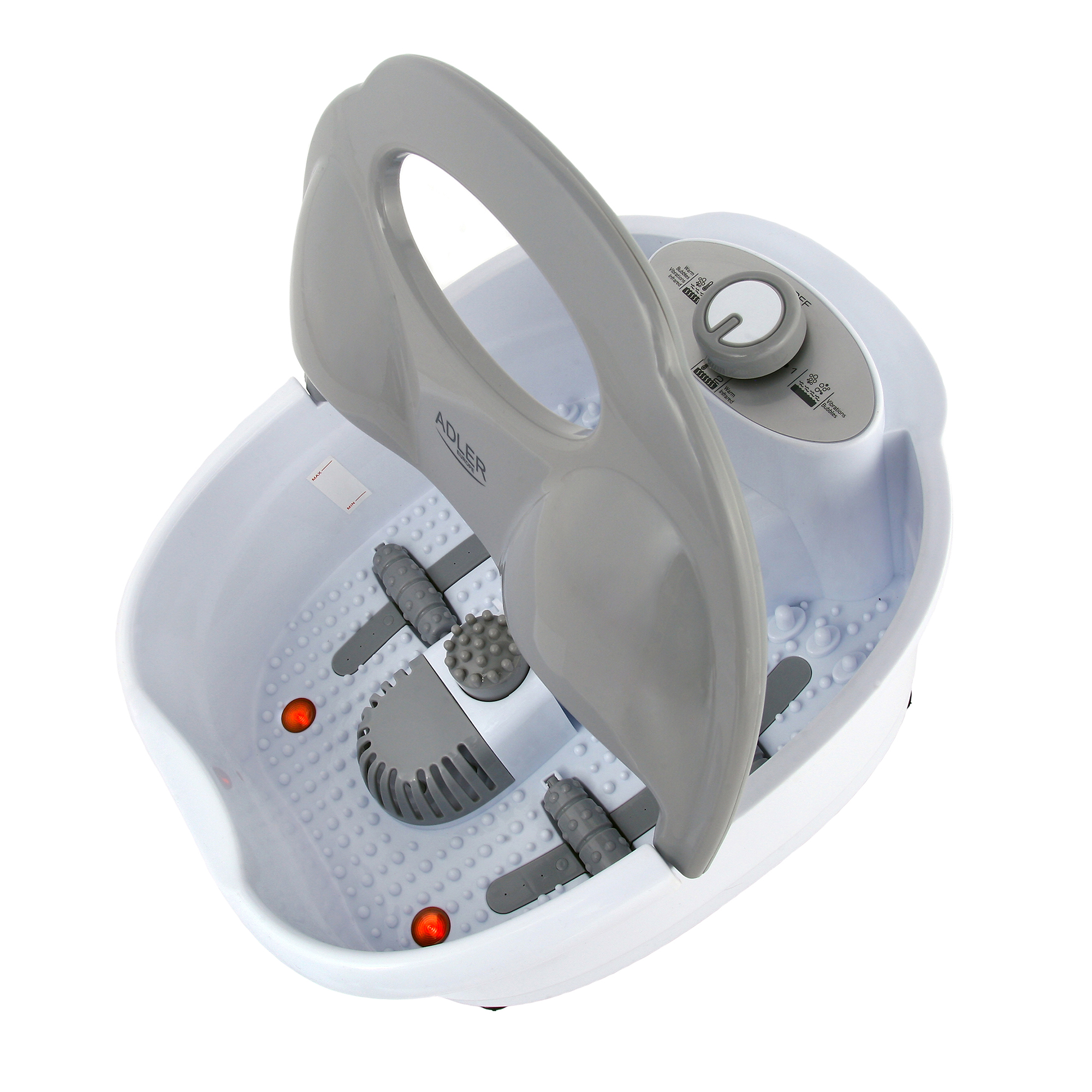 Biało-szara wanna do stóp z uchwytem i panelem sterowania. W środku znajdują się rolki.